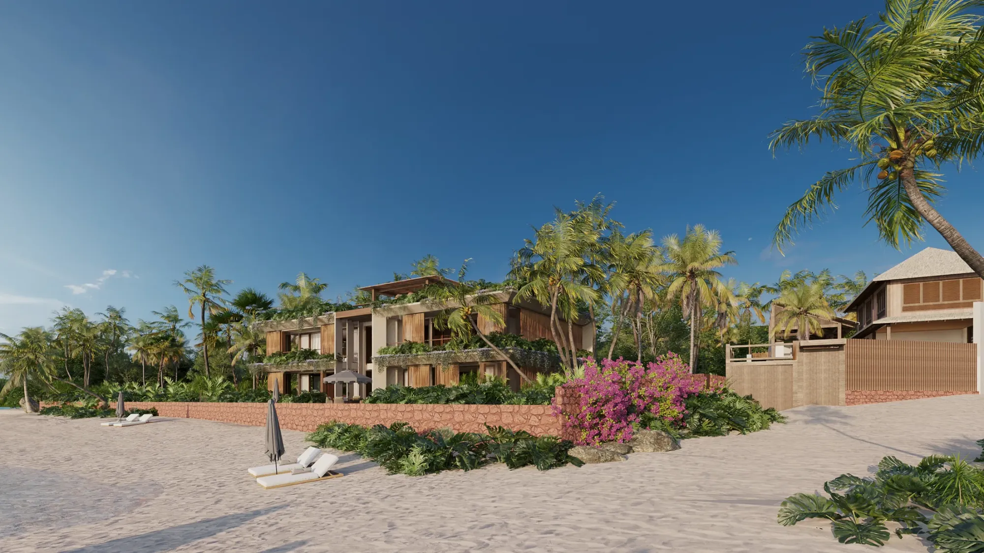 Fachada de pousada de dois pavimentos vista da praia, com brises de madeira, vegetação em cascata e palmeiras — GRON 3D