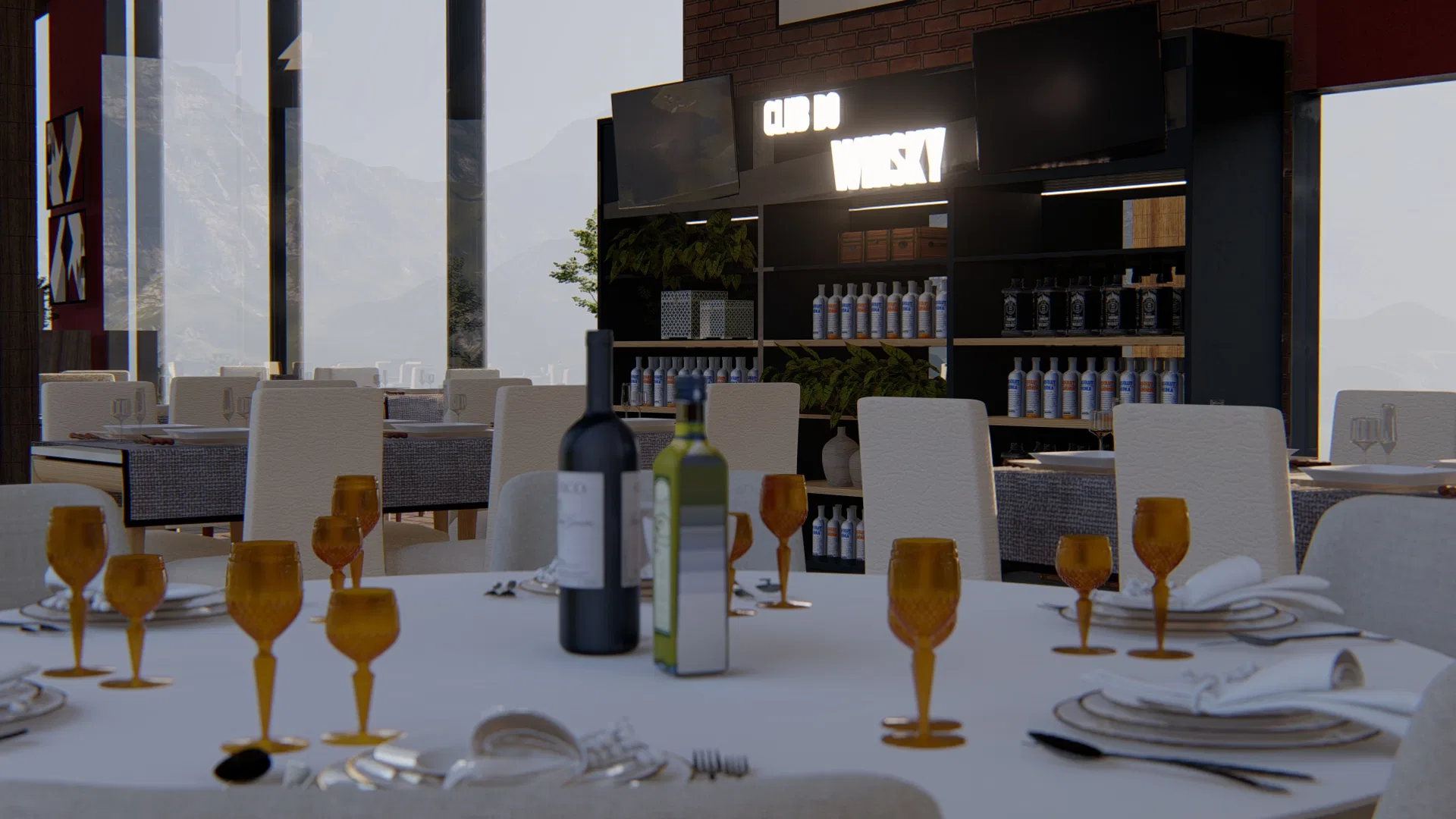 Round table set with amber goblets before a backlit bottle wall and greenery, mountains visible through the glazing beyond.