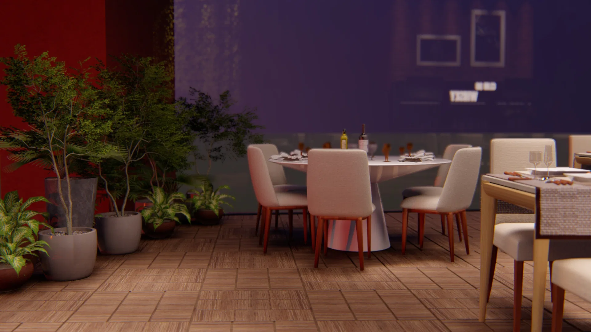 Round terrace table ringed by beige chairs, with potted plants against a red wall and a wood-plank deck floor.