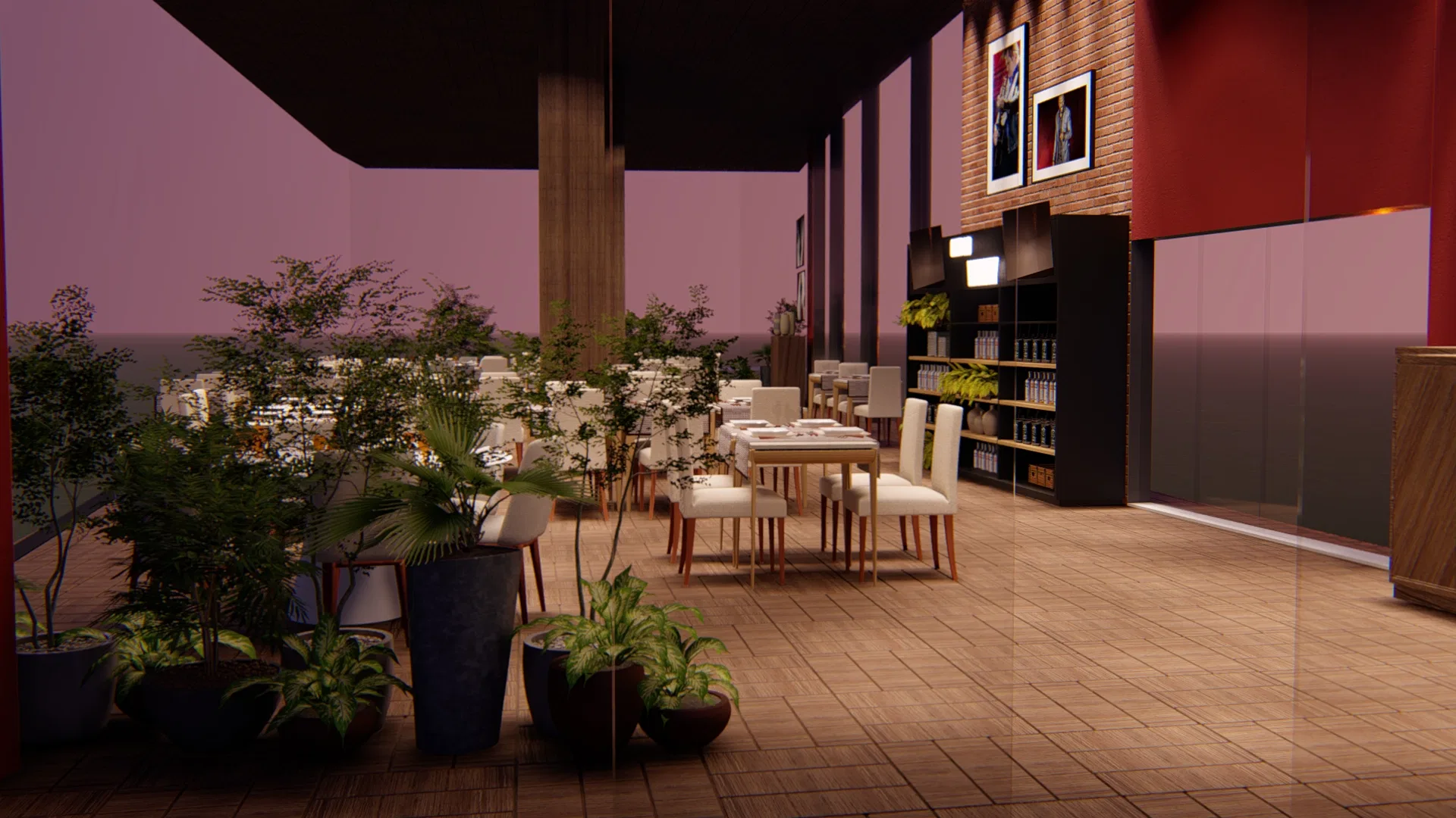 Covered deck at dusk with potted plants, pale dining tables and a brick wall lined with shelving on the right.