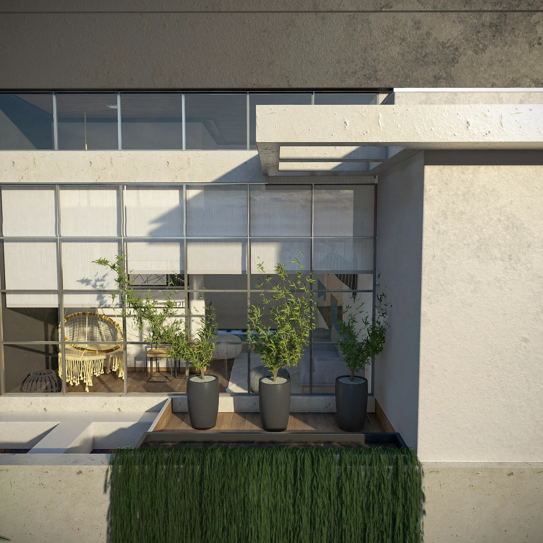 Terrace with a wood deck, potted plants by the glazed window and a vertical garden at the base of the wall