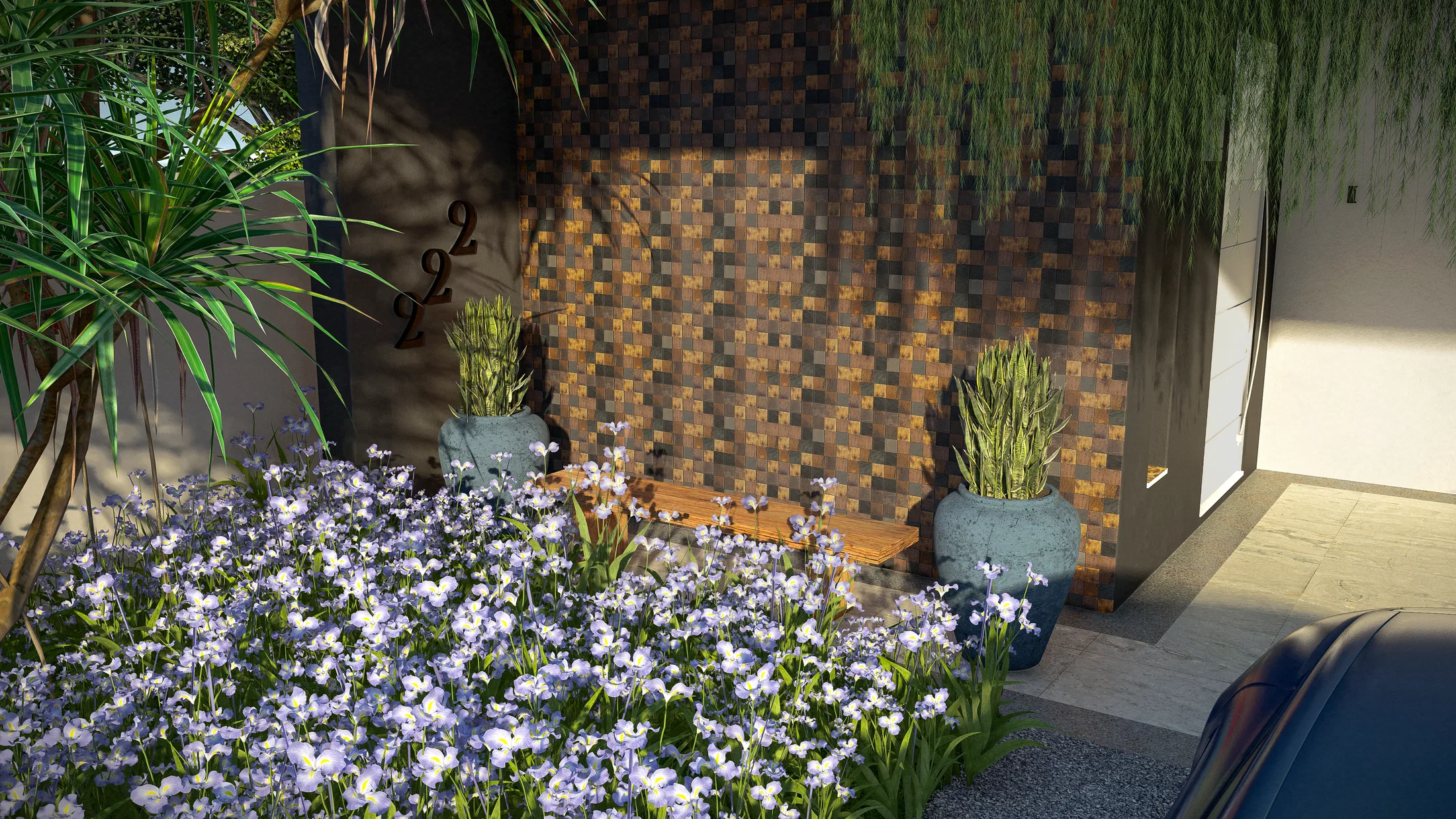 Entrance with a mosaic wood panel, potted plants, a bed of purple flowers and the house number