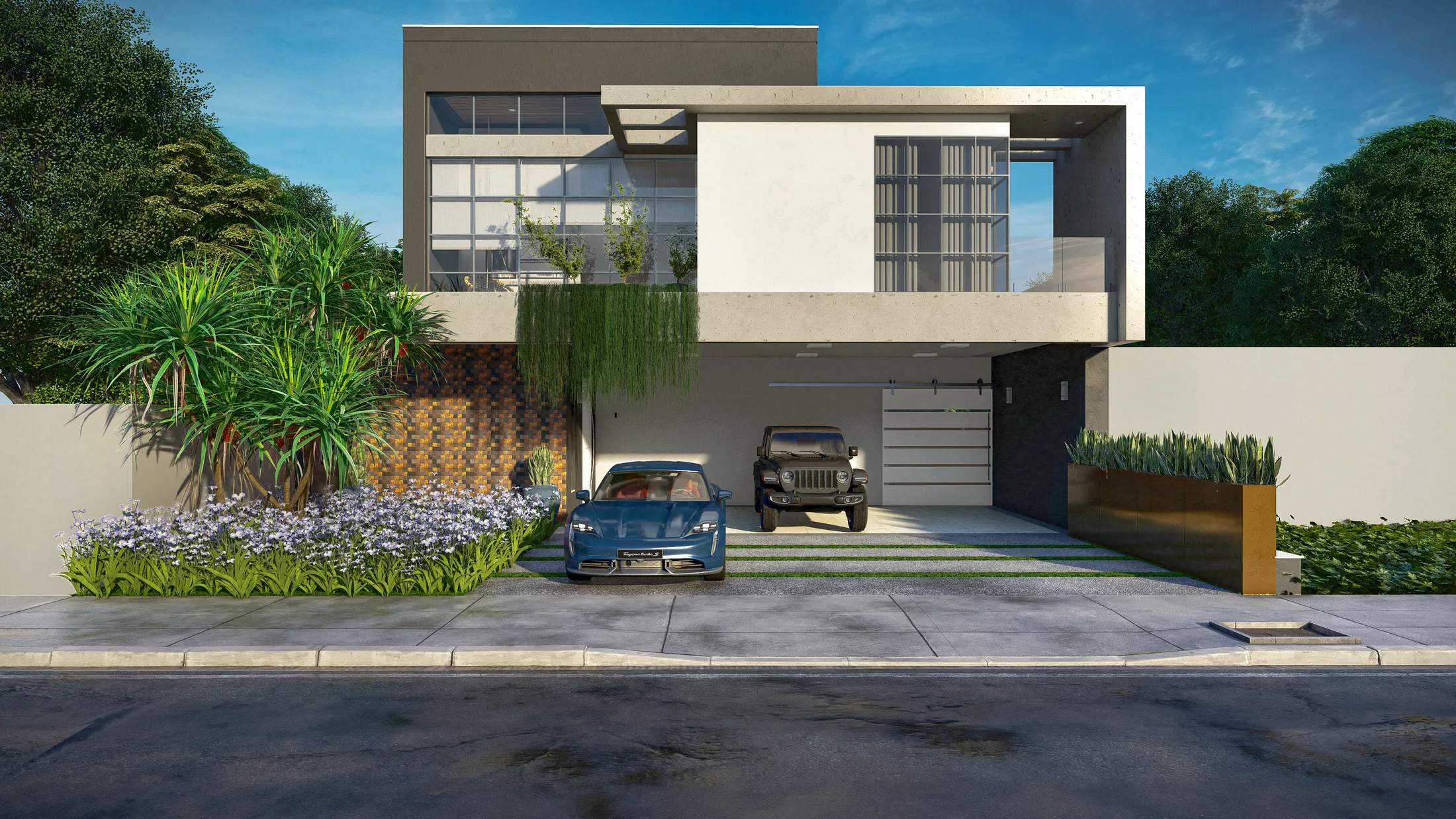 Two-story facade in concrete and white finishes, a front garden with palm trees and two cars in the garage