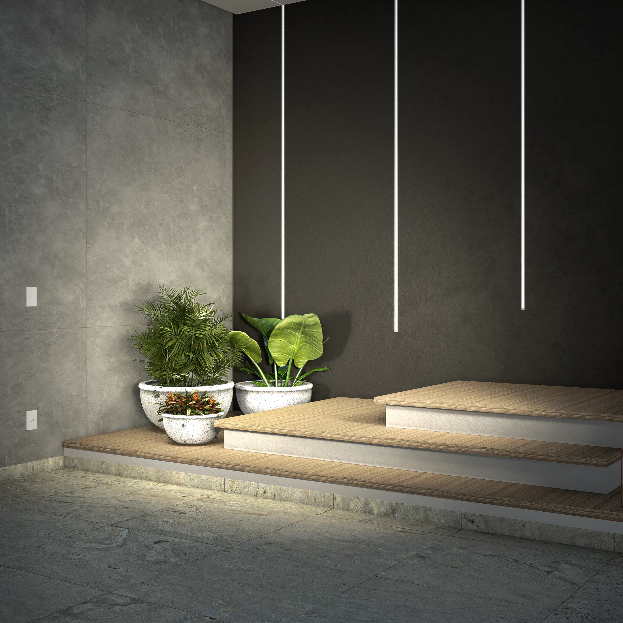 Wood-clad steps with built-in linear lighting and potted tropical plants alongside