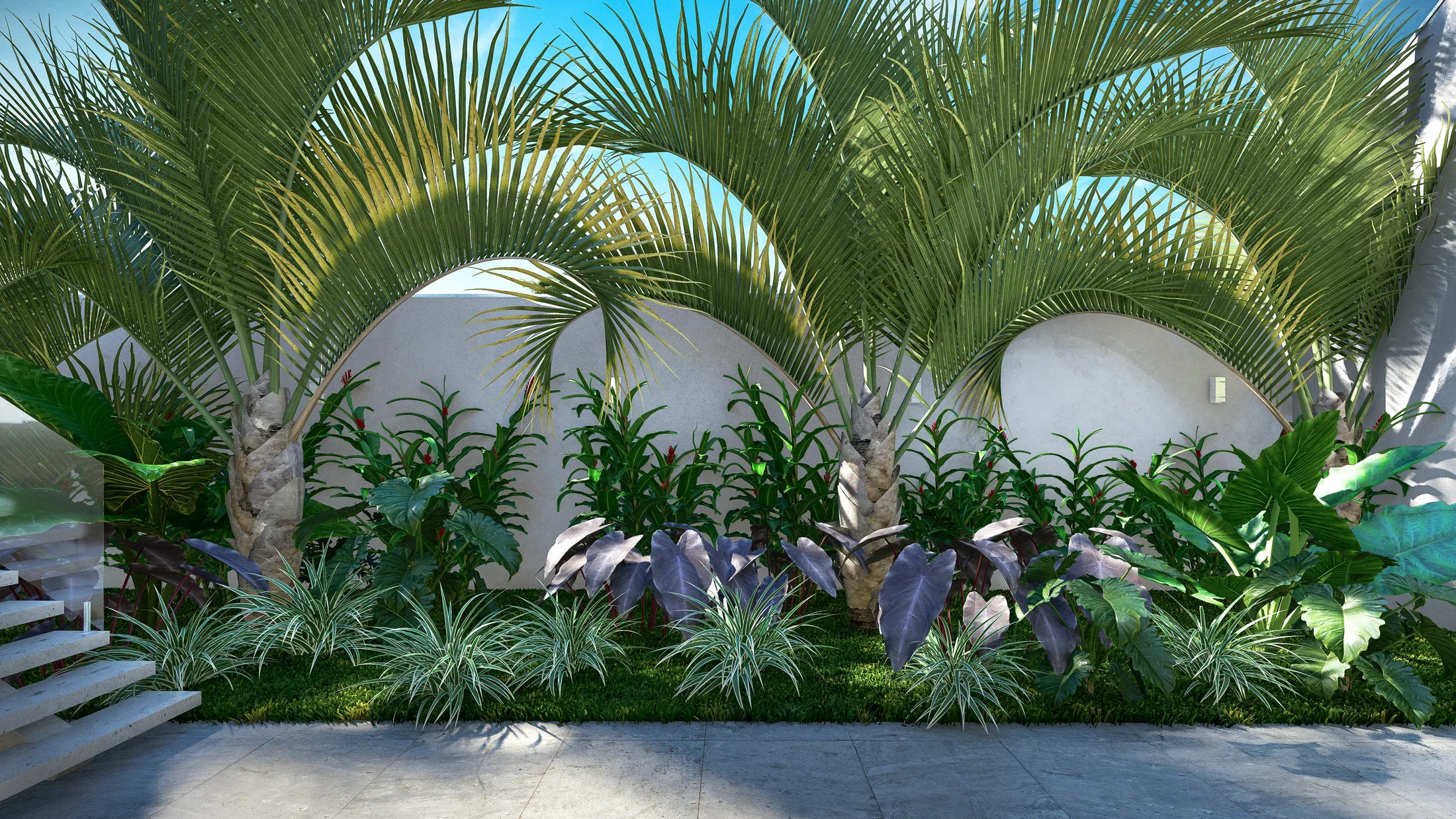 Tropical garden in arched wall niches, with palm trees, variegated foliage and purple caladiums