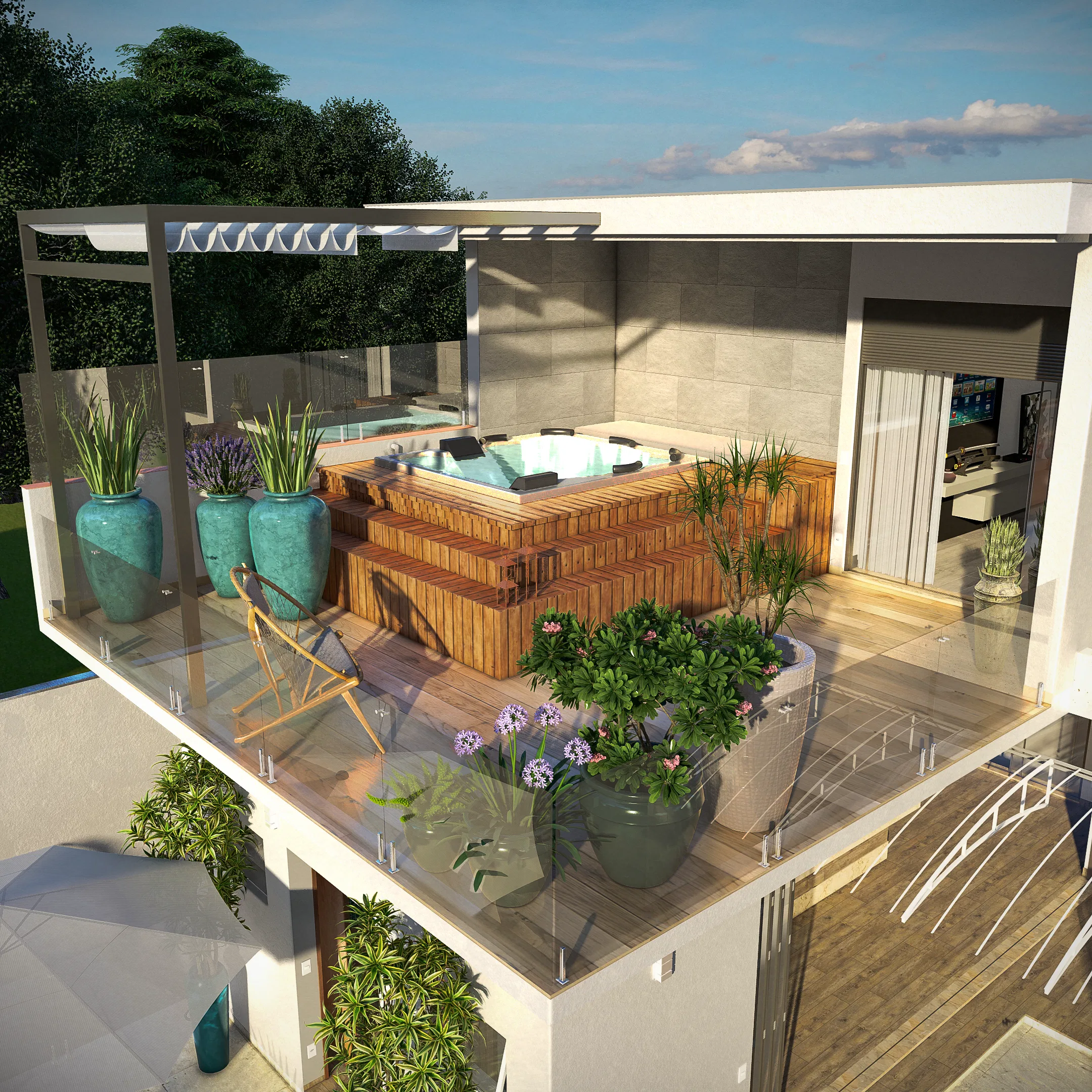 Covered rooftop terrace with a wood-clad hot tub, a pergola, turquoise planters and a view into the glazed interior