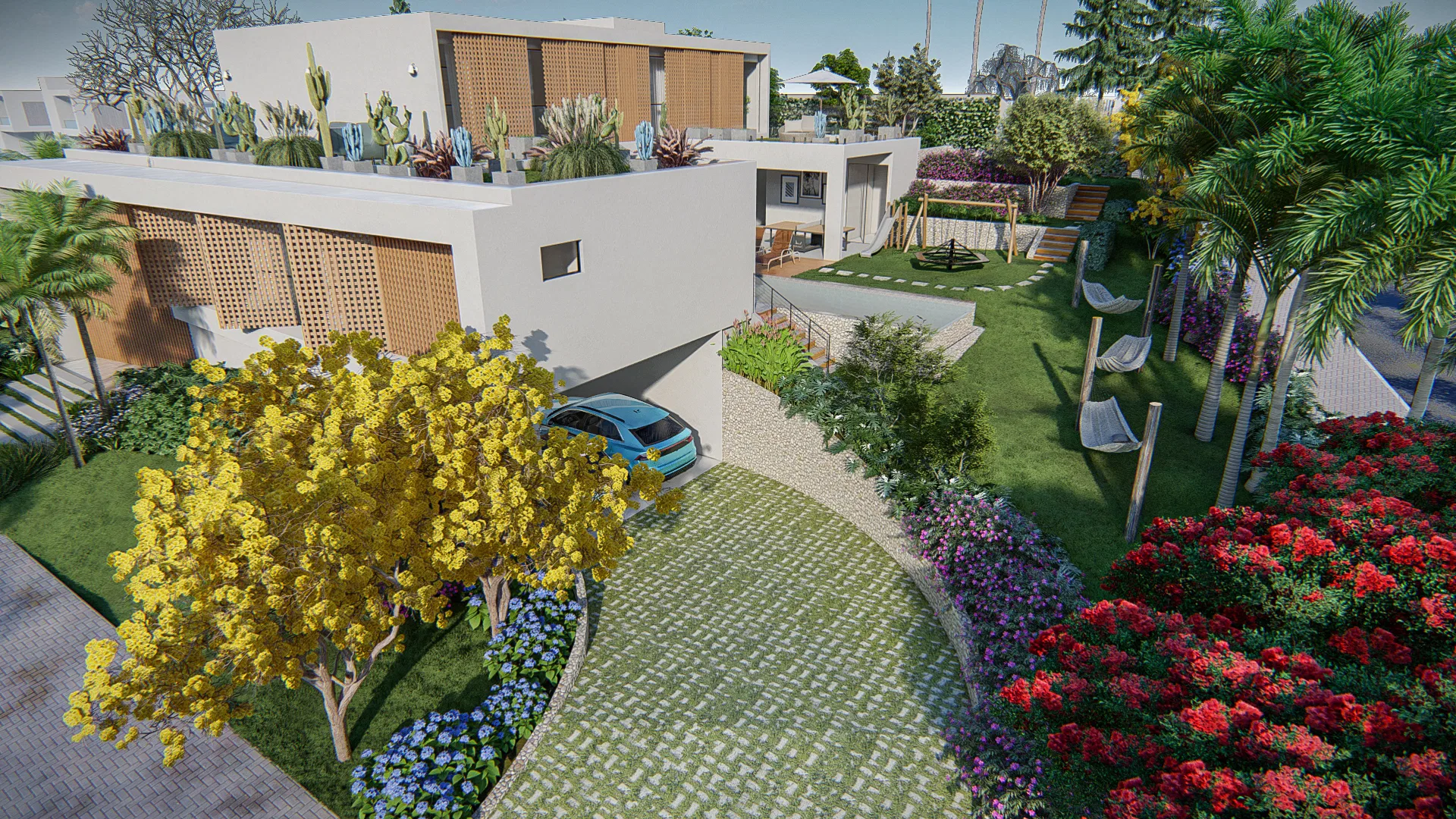 House facade with a flowering front garden, a yellow ipê tree, a grassy path with swings and succulent planters on the rooftop
