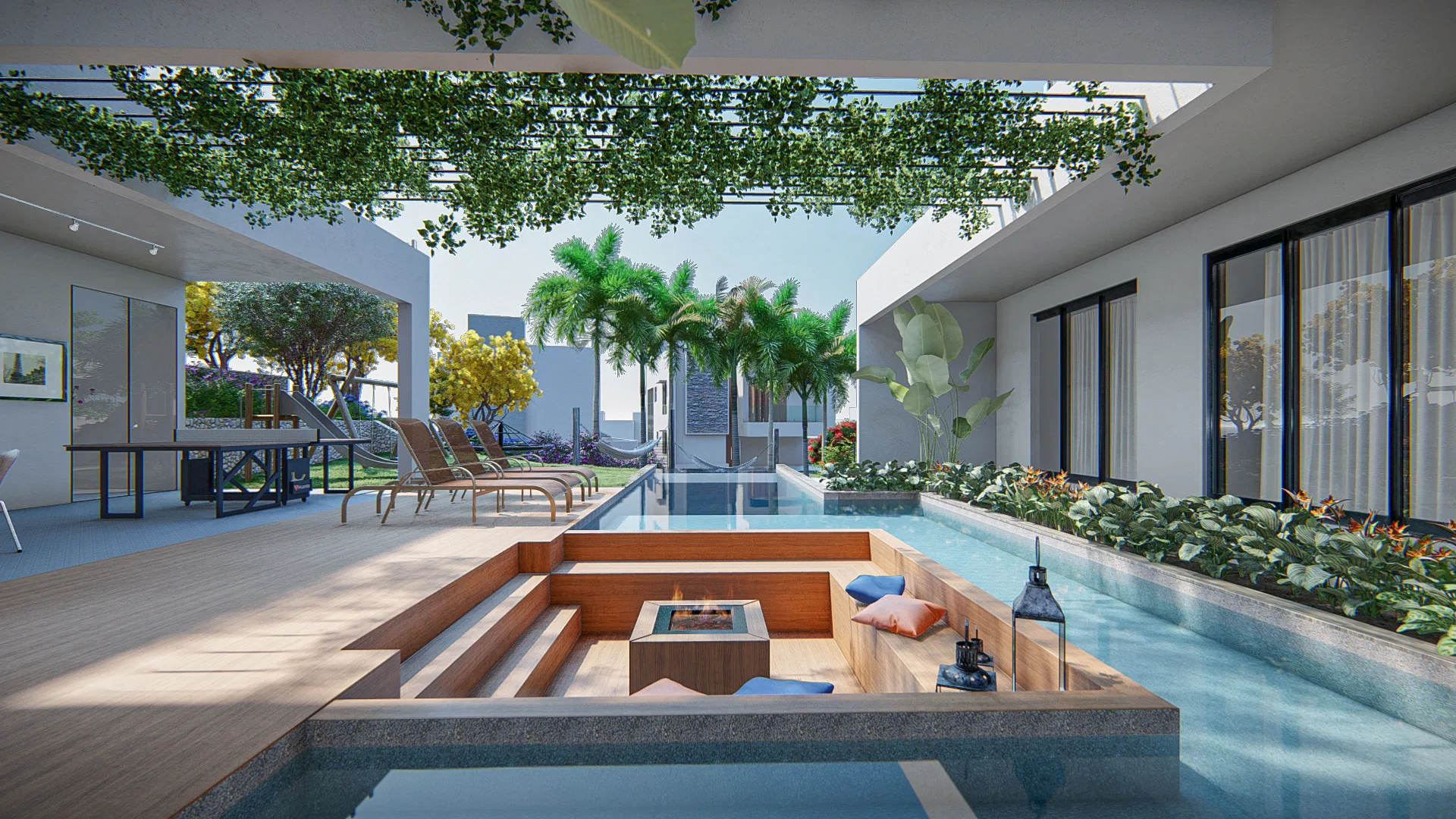 Deck with sunken seating around a fire pit, a narrow pool lined with loungers and a pergola draped in climbing vines