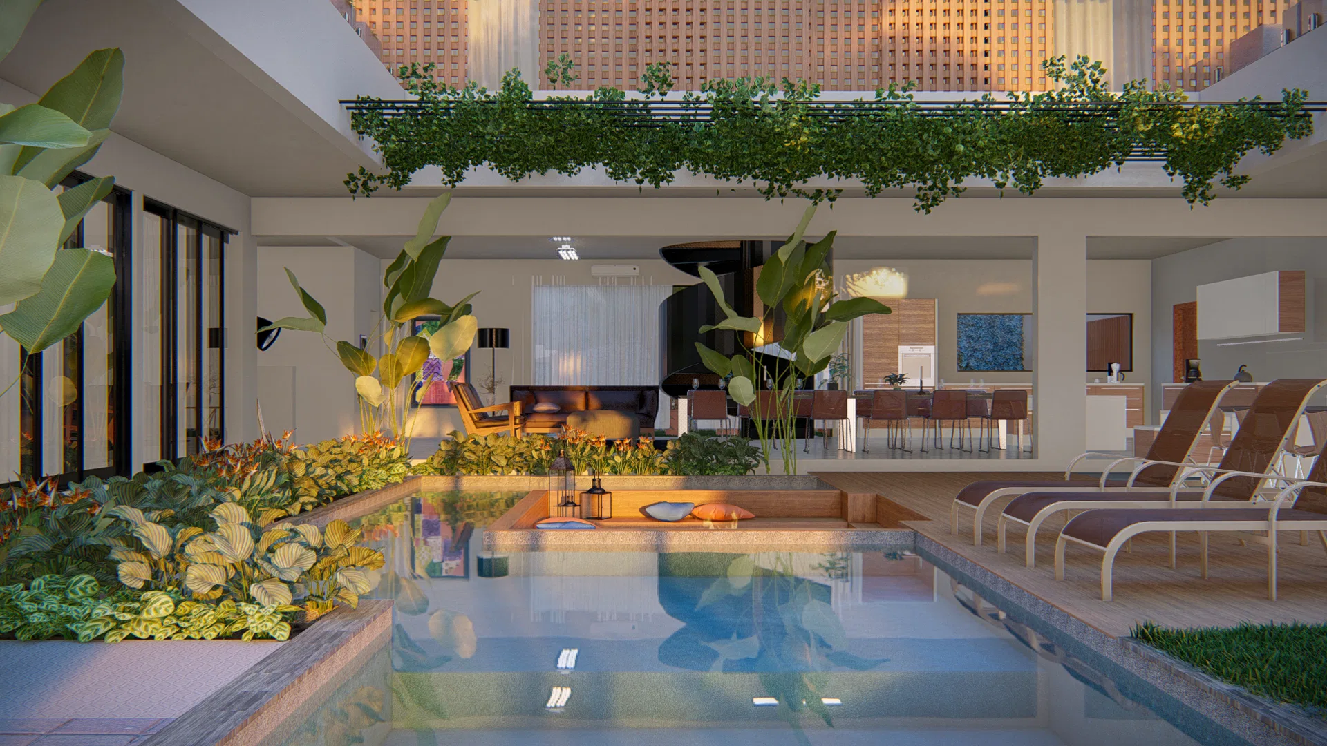 Pool integrated with a covered lounge area, hanging greenery overhead and an urban skyline in the background at dusk