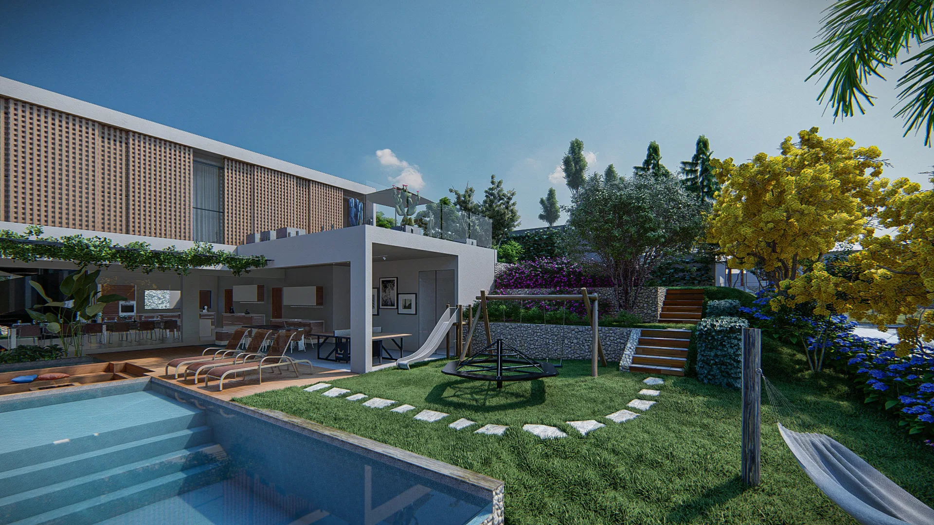Side garden view with a pool, a children's play area with a slide, a hammock and a flowering yellow tree in the background