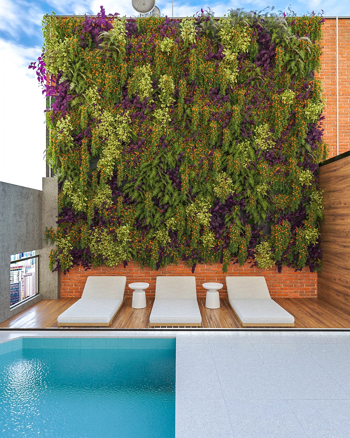 Vertical garden wall in purple, yellow and green foliage over exposed brick, framing a rooftop pool with three white loungers