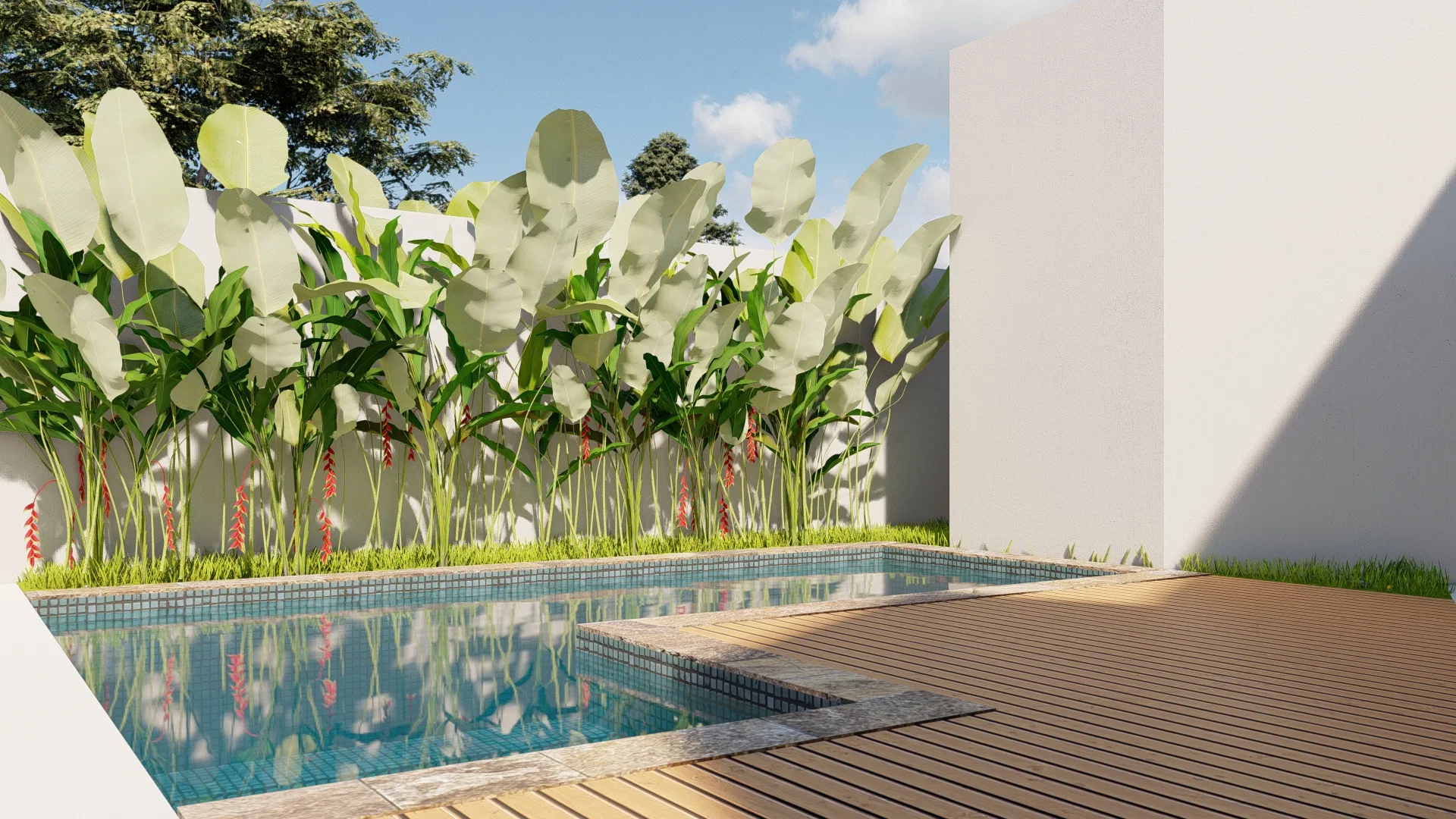 Corner of an L-shaped pool with a wood deck and a border of broad-leaved plants bearing red bracts along the wall