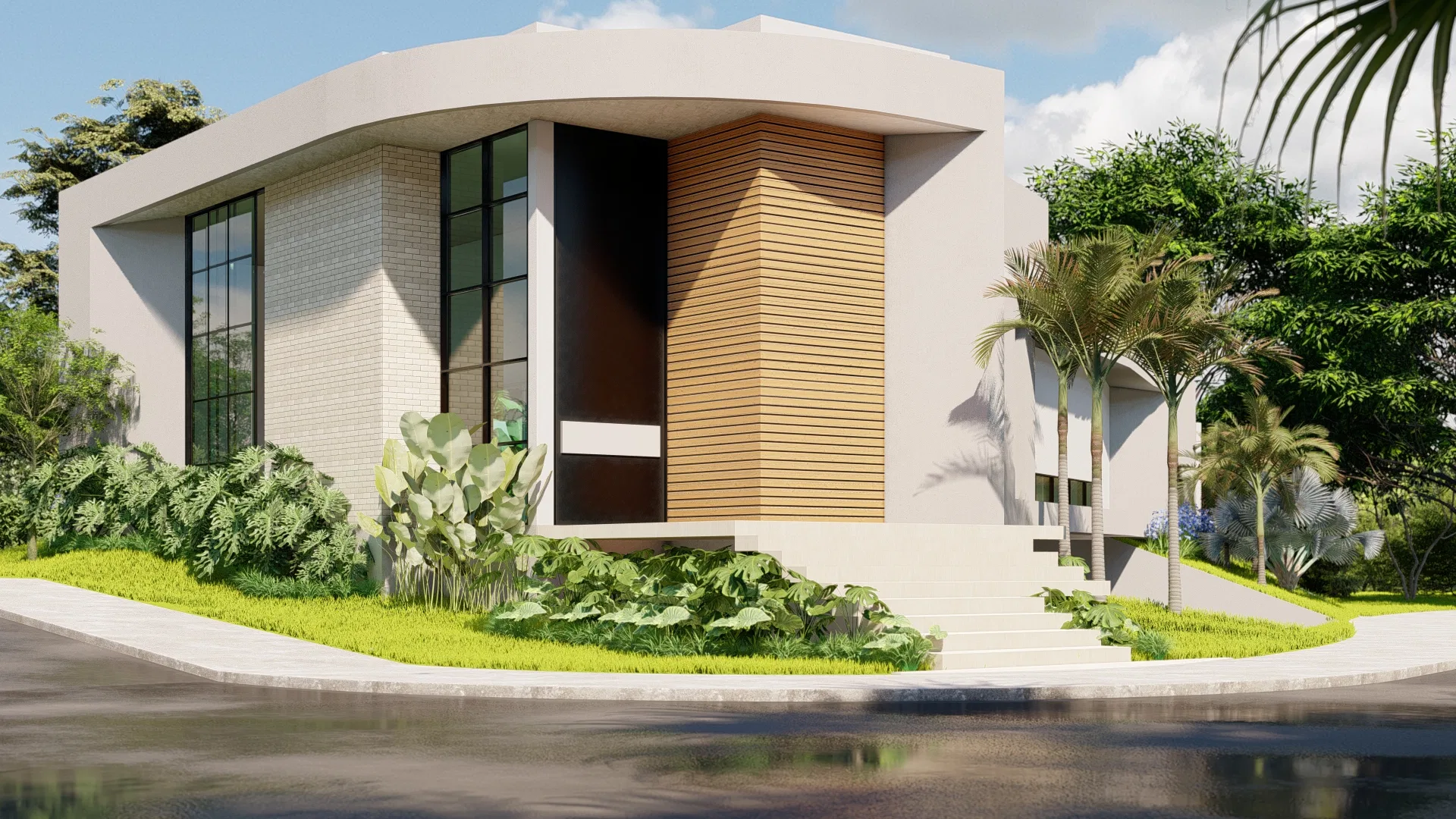 Corner of a contemporary home with a curved white-rendered facade and a vertical wood-slat panel, entrance garden of cacti, ground cover and palms