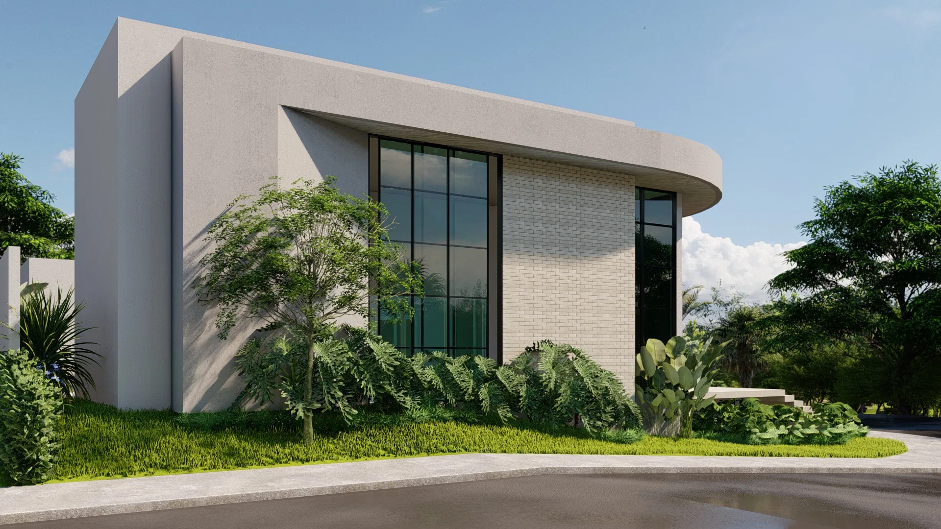 Side elevation with a white volume curving at the top and large windows, a bed of tropical foliage and a slender tree over a curved lawn
