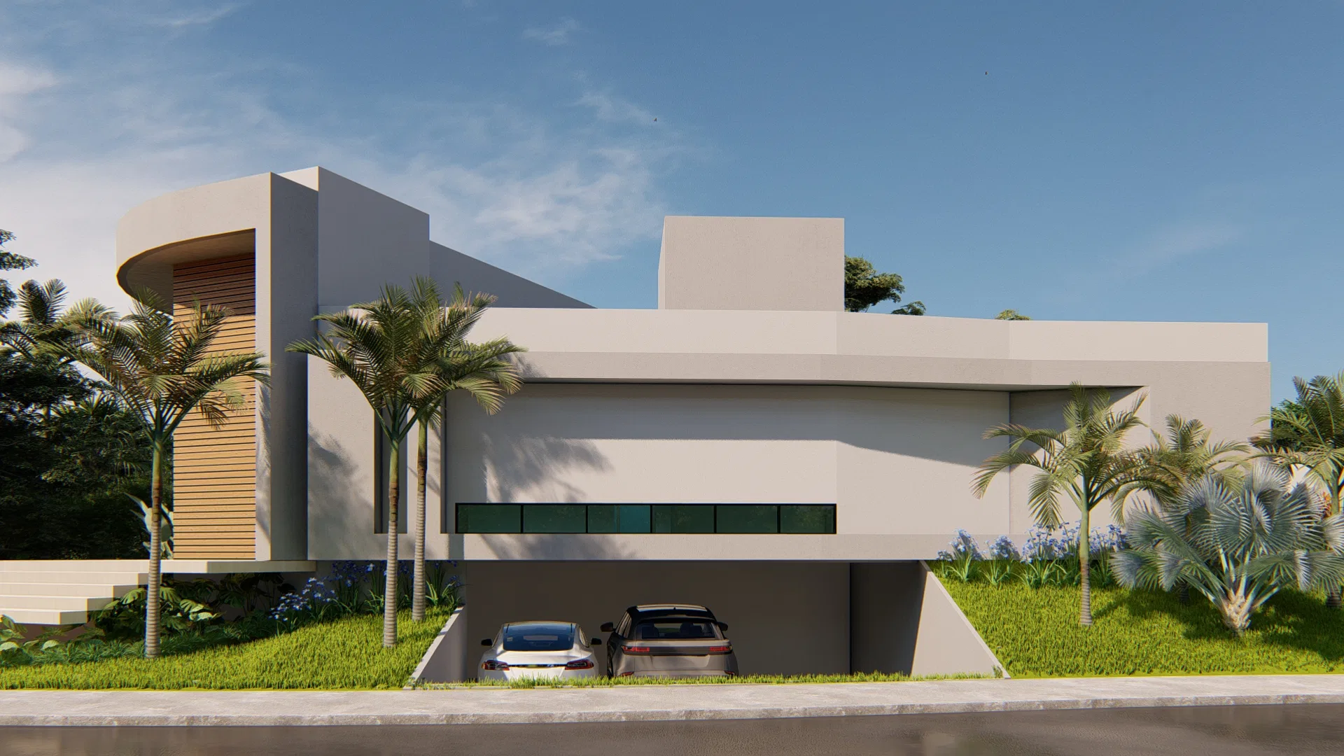 Long white side facade with a row of palms, an undercroft garage holding two cars and a cluster of blue agapanthus