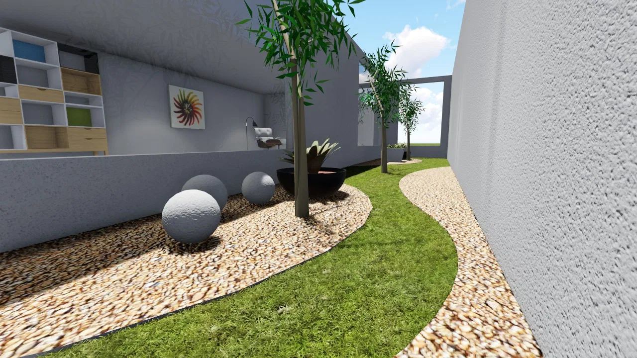 Concrete spheres on a pebble bed and a tree in a dark bowl follow the curving lawn, with a living room visible beyond the openings.
