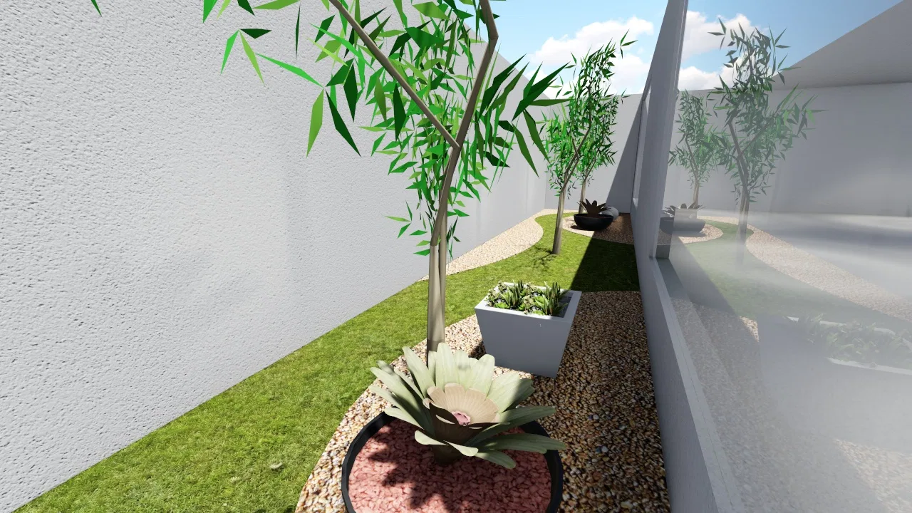 Narrow side garden between light walls with bamboo, a succulent planter box and a sculptural bowl on pebbles, flanked by a grass strip and gravel path.