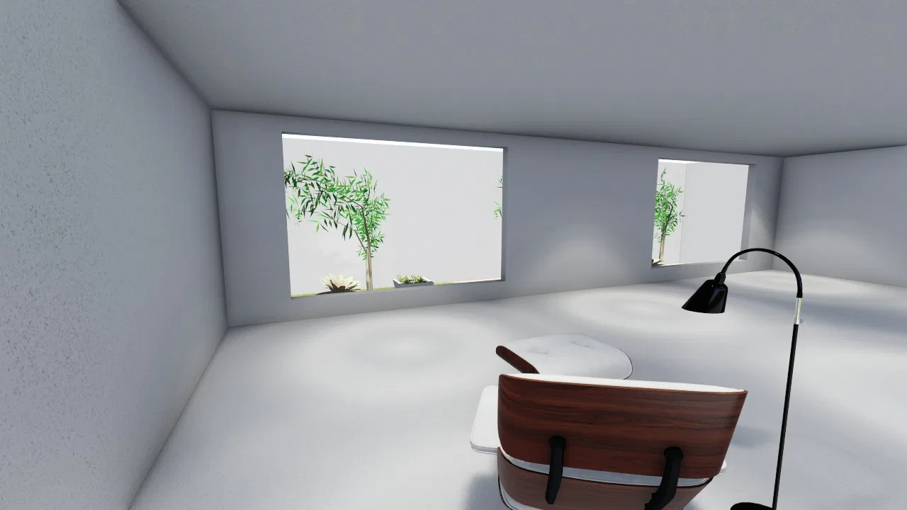Bright minimalist room with a wooden lounge chair and floor lamp, two windows framing the greenery of the outdoor garden.
