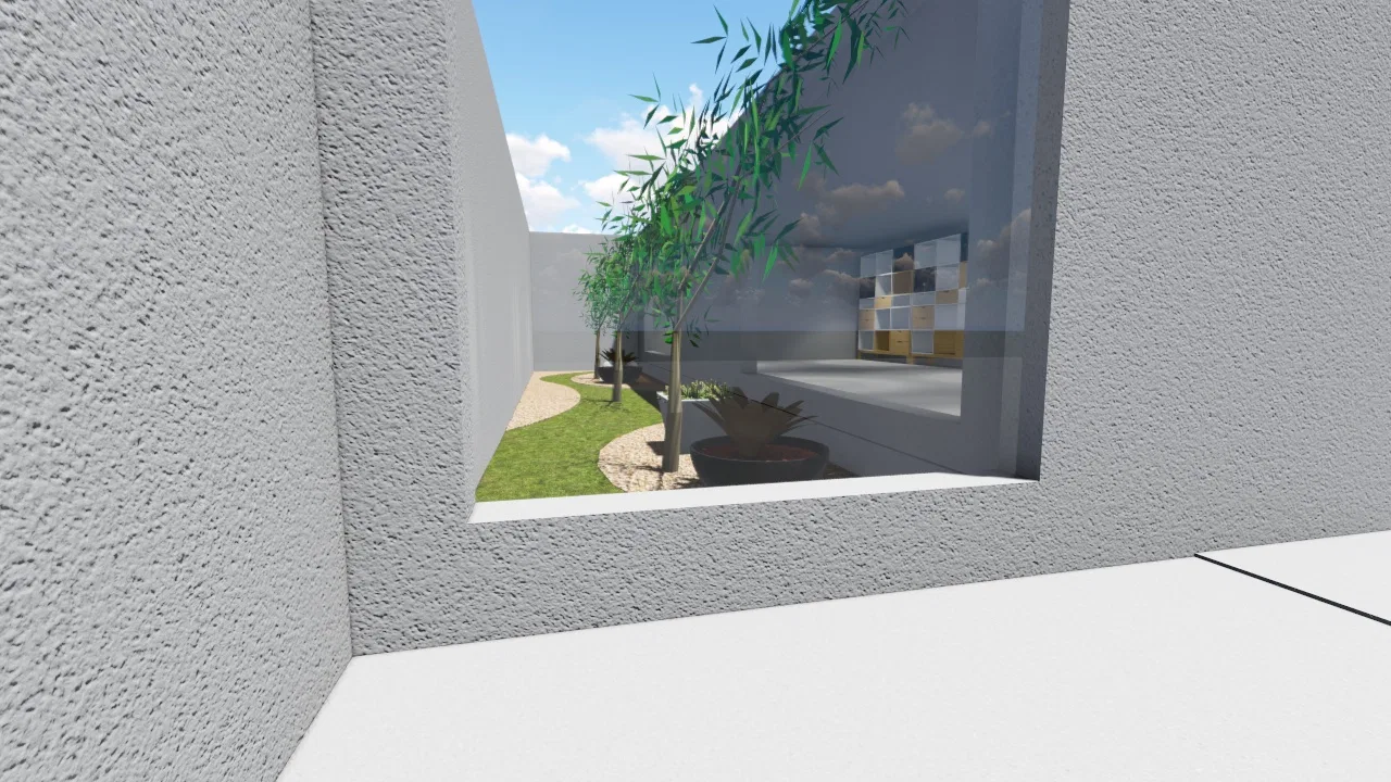 A wall opening frames the side garden with a potted tree and gravel path, revealing a mosaic panel from the interior beyond.