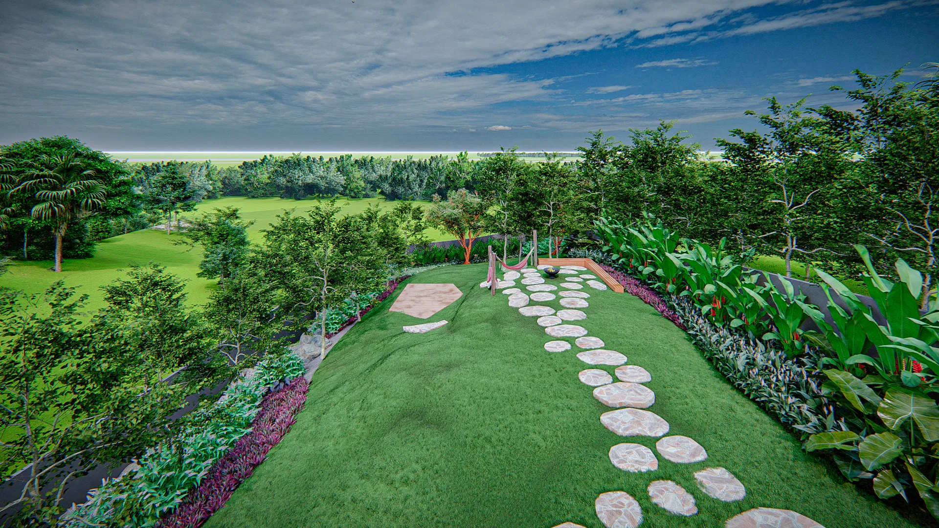 Architectural visualization of Residential Landscaping with Reflecting Pool, Pergola and Lake View — GRON 3D