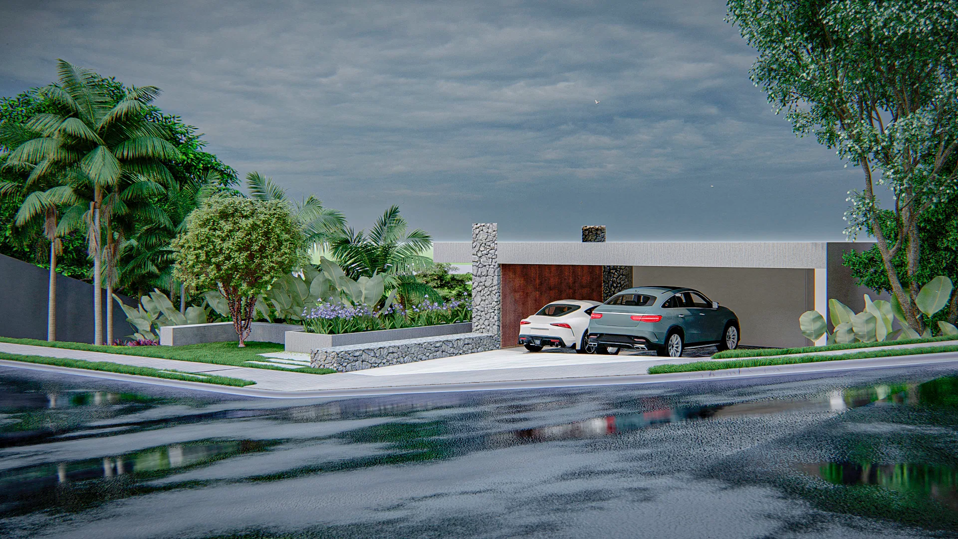 Architectural visualization of Residential Landscaping with Reflecting Pool, Pergola and Lake View — GRON 3D