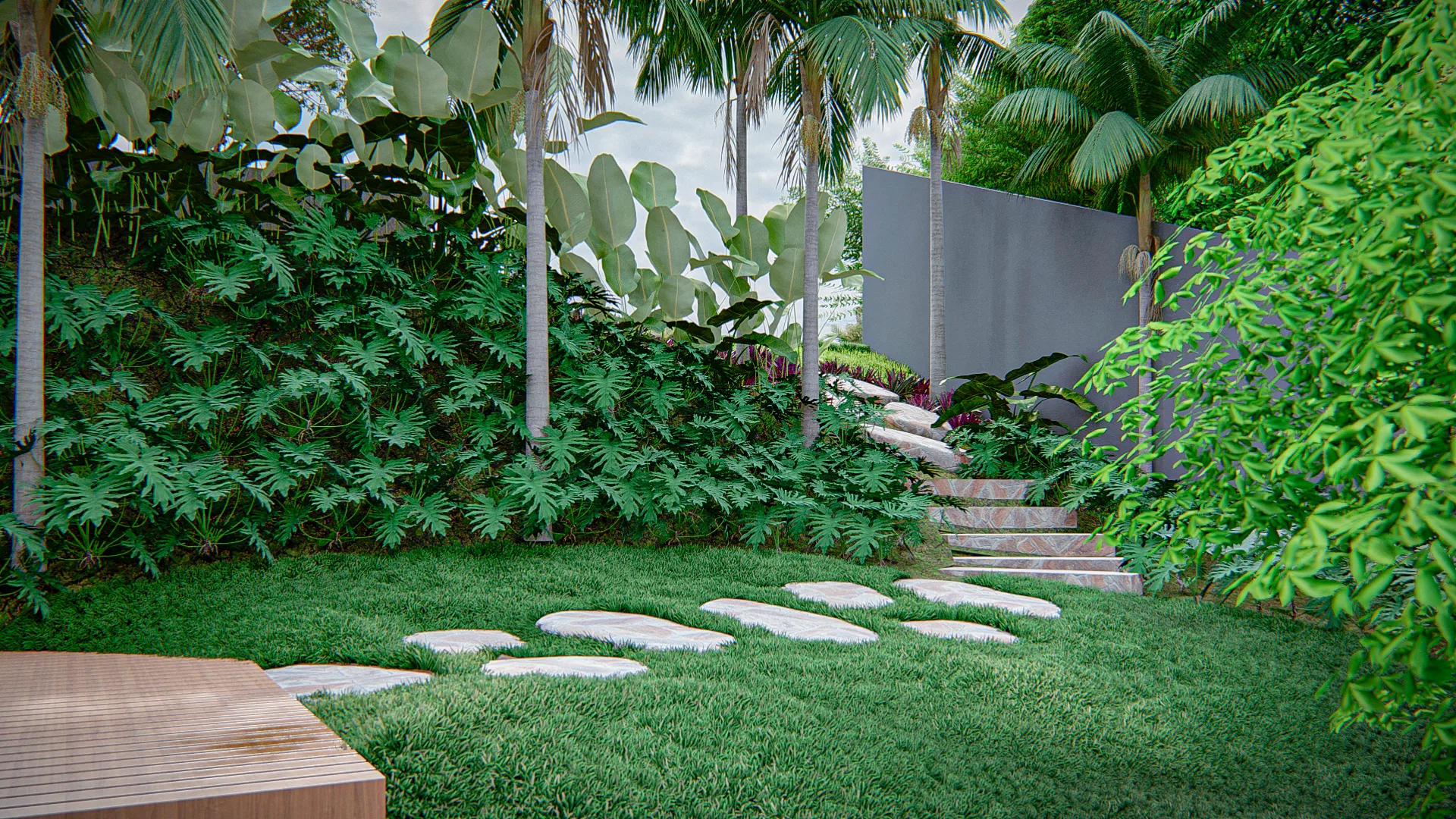 Architectural visualization of Residential Landscaping with Reflecting Pool, Pergola and Lake View — GRON 3D