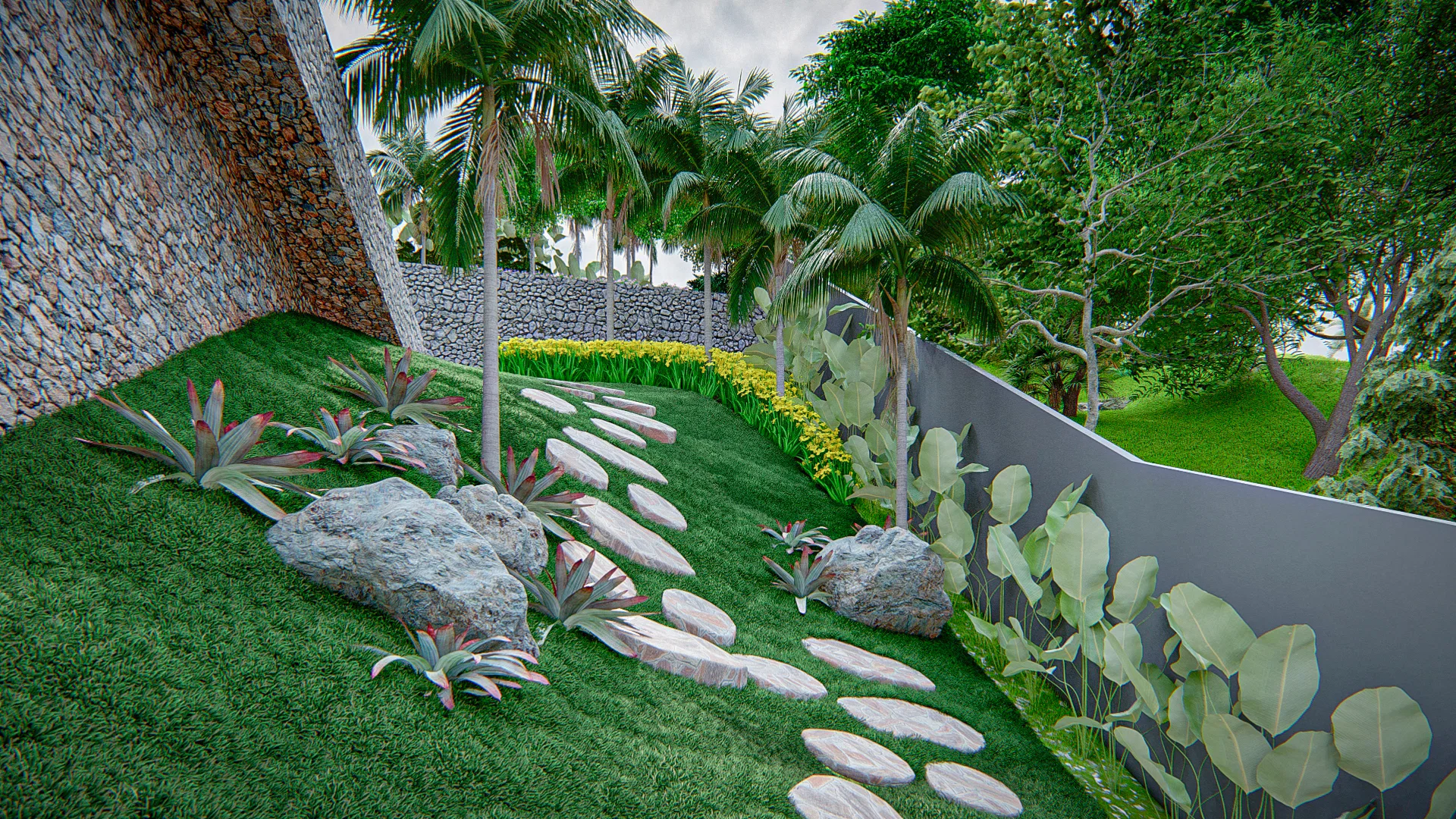 Architectural visualization of Residential Landscaping with Reflecting Pool, Pergola and Lake View — GRON 3D