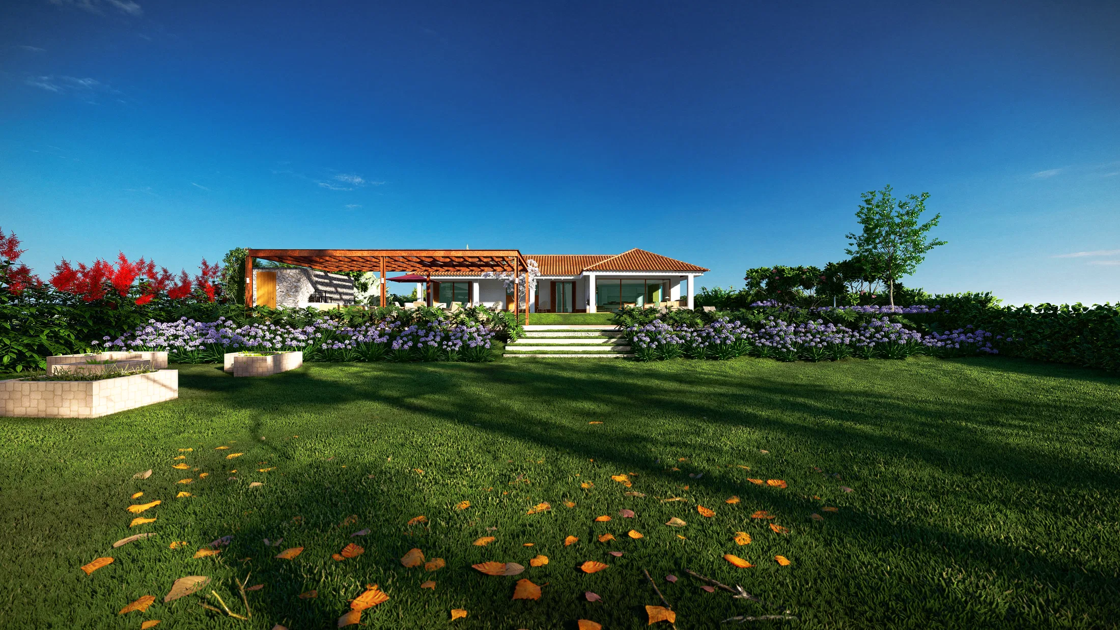 Single-storey tile-roofed house seen across a wide lawn, with a timber pergola, hydrangea beds and scattered dry leaves at dusk.
