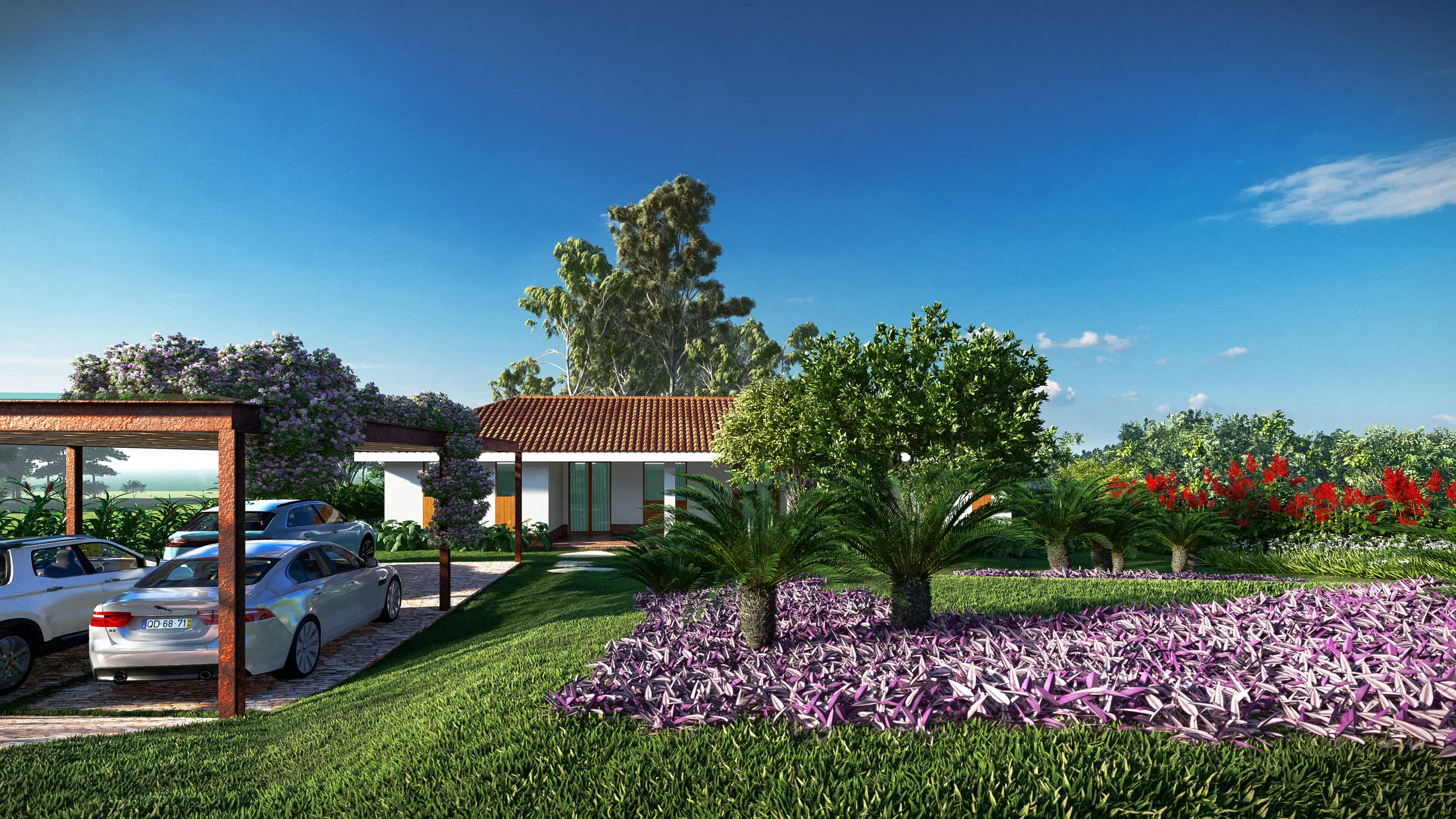Side access with a carport for two cars, palm trees and a bed of purple flowering groundcover over a sloping lawn.