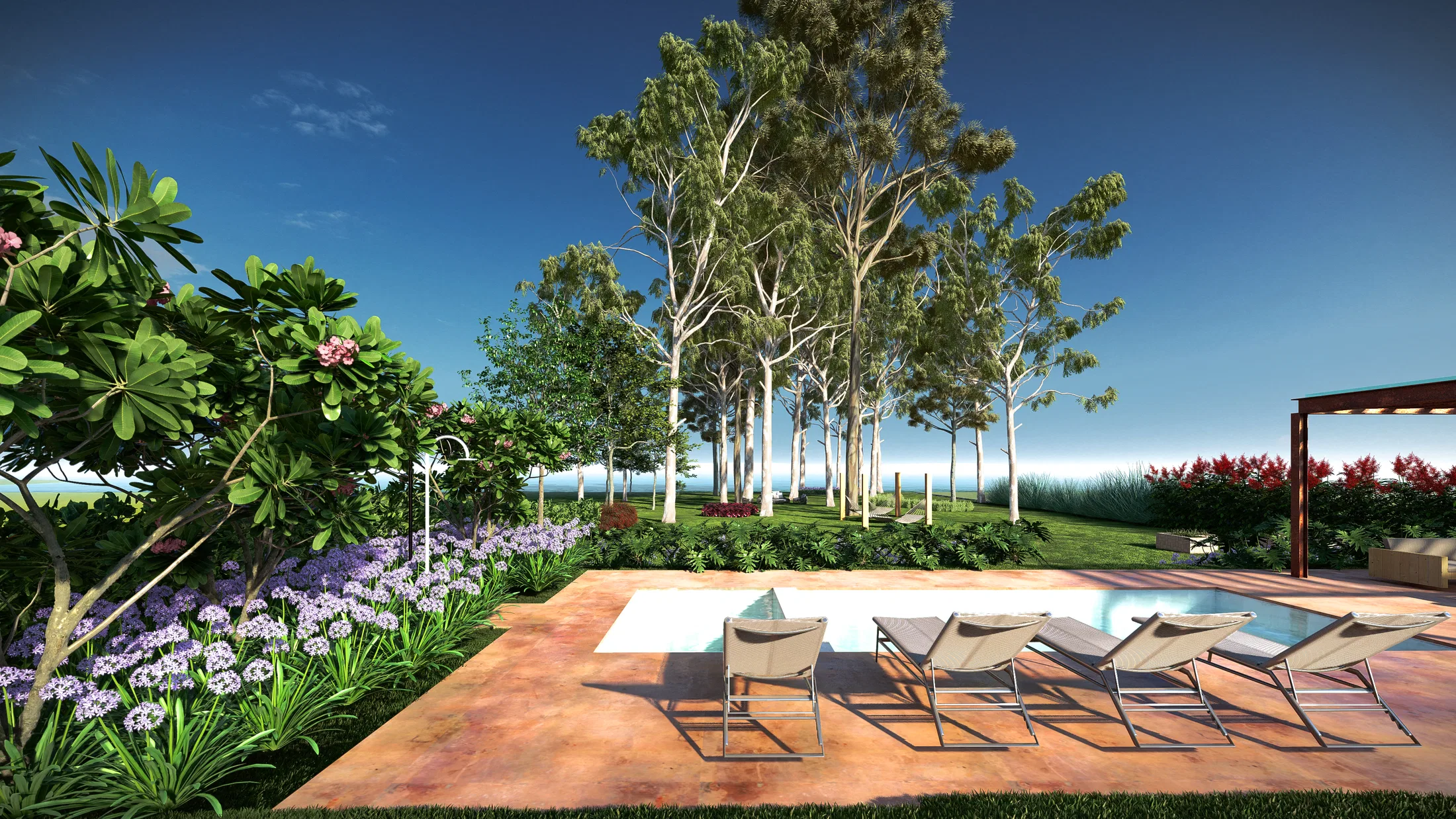 Terracotta pool deck with four sunloungers, agapanthus and frangipani alongside, tall eucalyptus trees and the sea on the horizon.