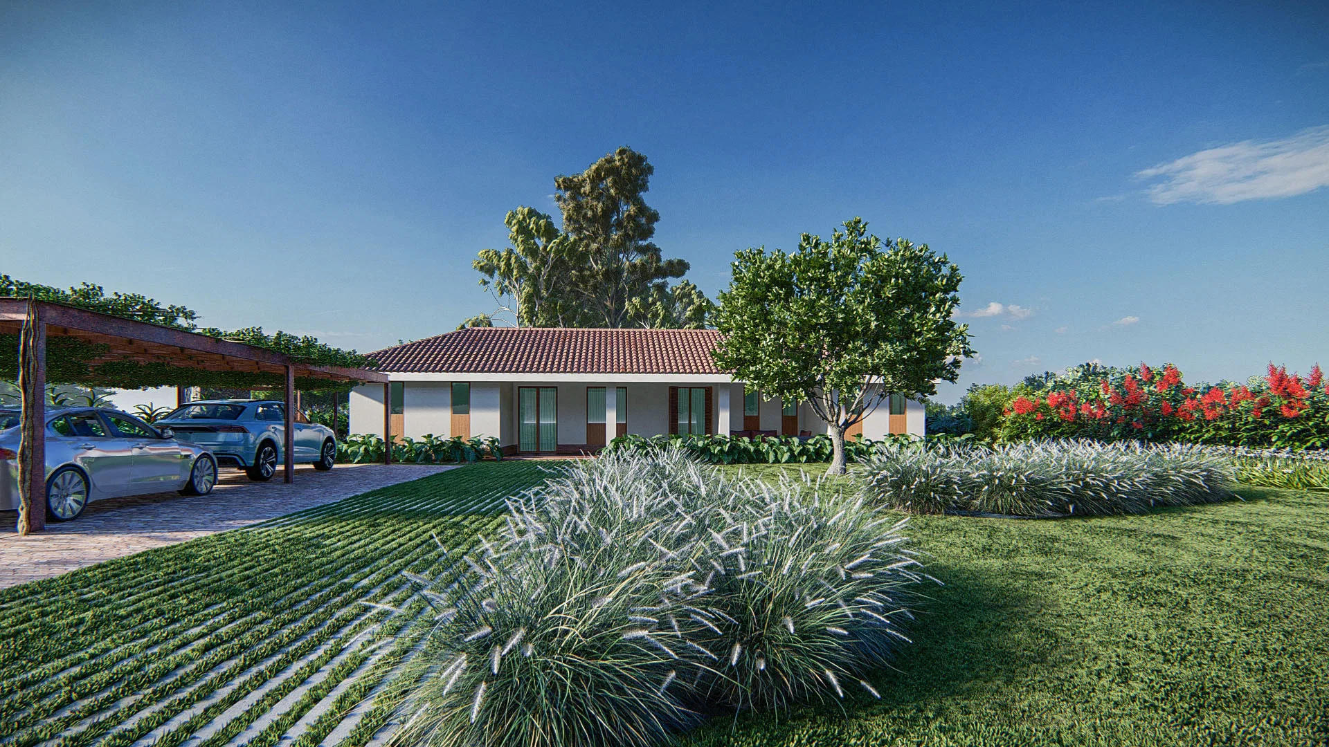 House frontage with a covered carport and two cars, fountain-grass clumps topped by white plumes and striped groundcover strips before the lawn.