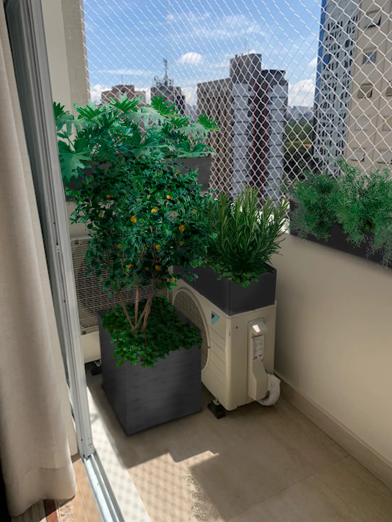 Balcony with a potted fruiting citrus tree, ornamental grass planter above the air-conditioning unit, and a protective screen framing a city skyline view