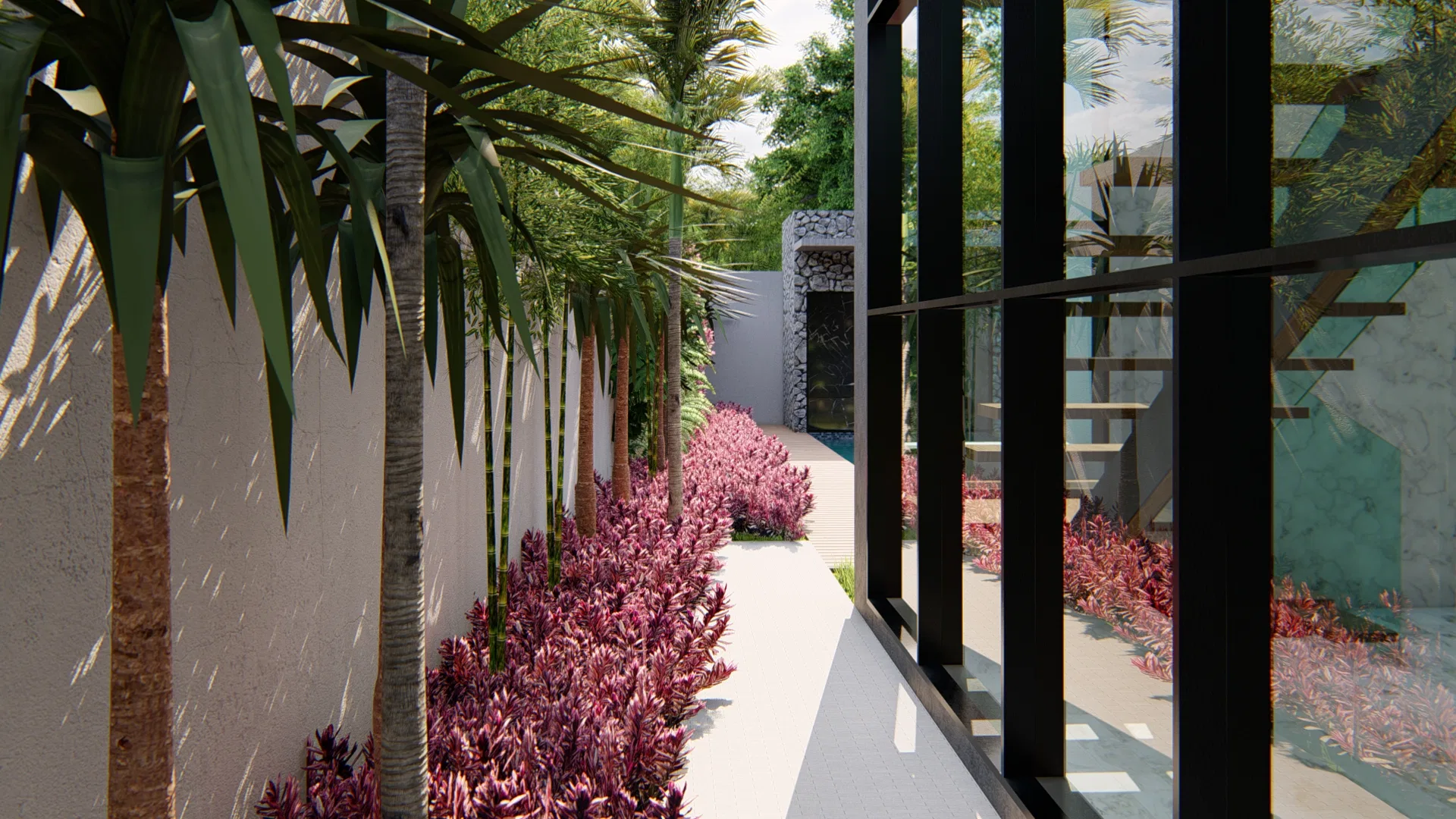 Side passage with palms and purple beds along the white wall, a glass facade with an internal staircase at right and stone cladding beyond