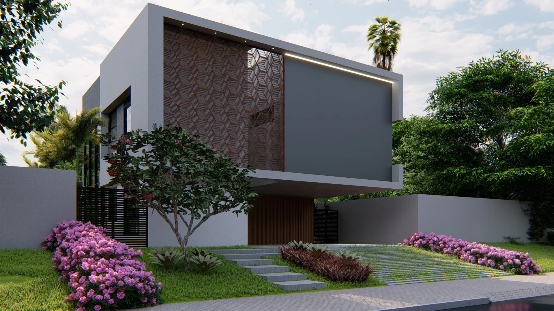 Angled view of the home with the perforated panel and cantilevered gray volume, masses of pink flowers flanking a stone path and a leafy tree