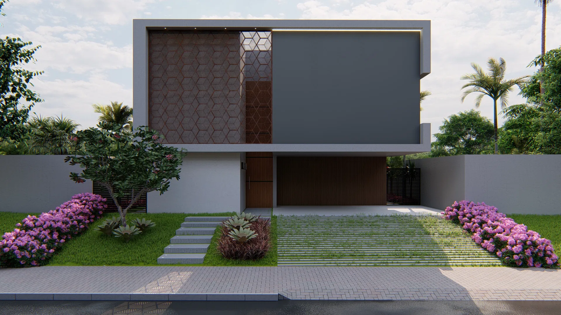 Front elevation of a contemporary house with a geometric perforated panel on the upper volume, a garage below and symmetric beds of pink flowering shrubs