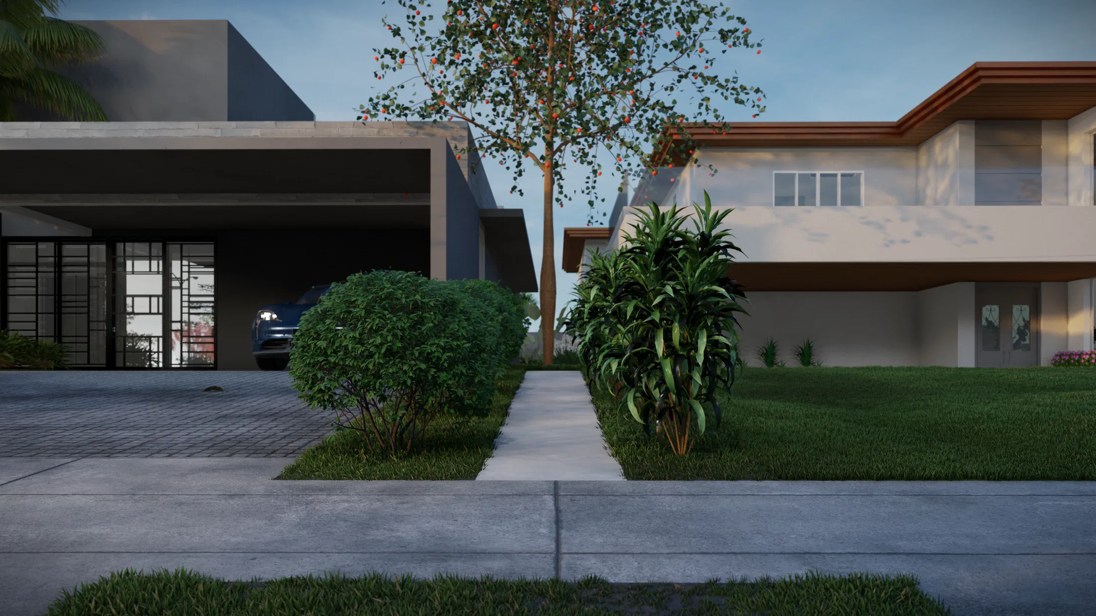 Street-corner view of the house with paver driveway, a dark car parked under the carport roof and a flowering shrub by the sidewalk