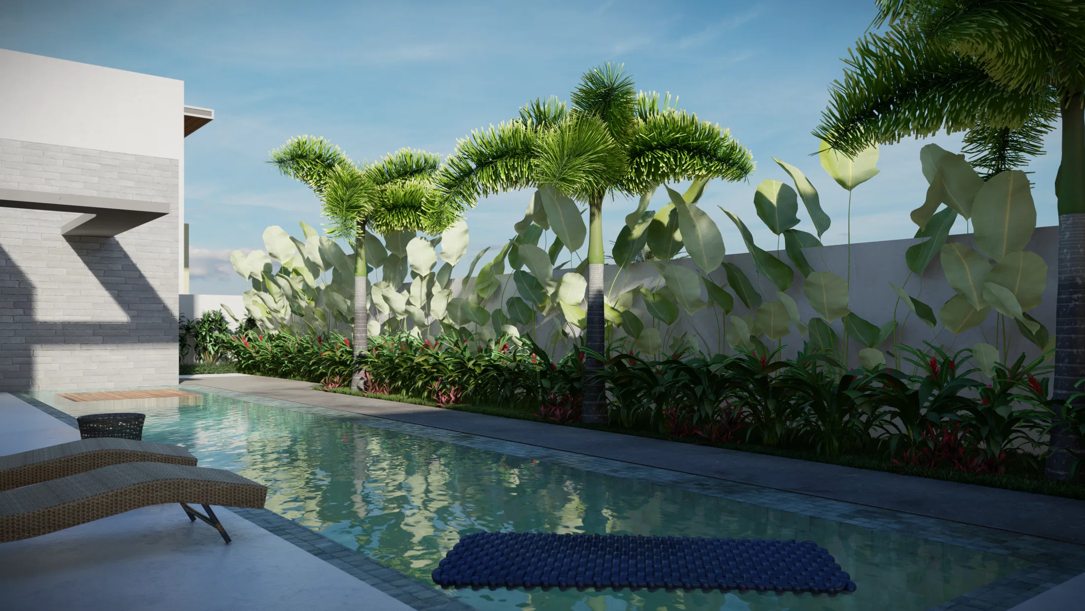 Backyard pool framed by palm trees and broad-leaved tropical foliage against the white wall, with a lounge chair and a quilted pool float