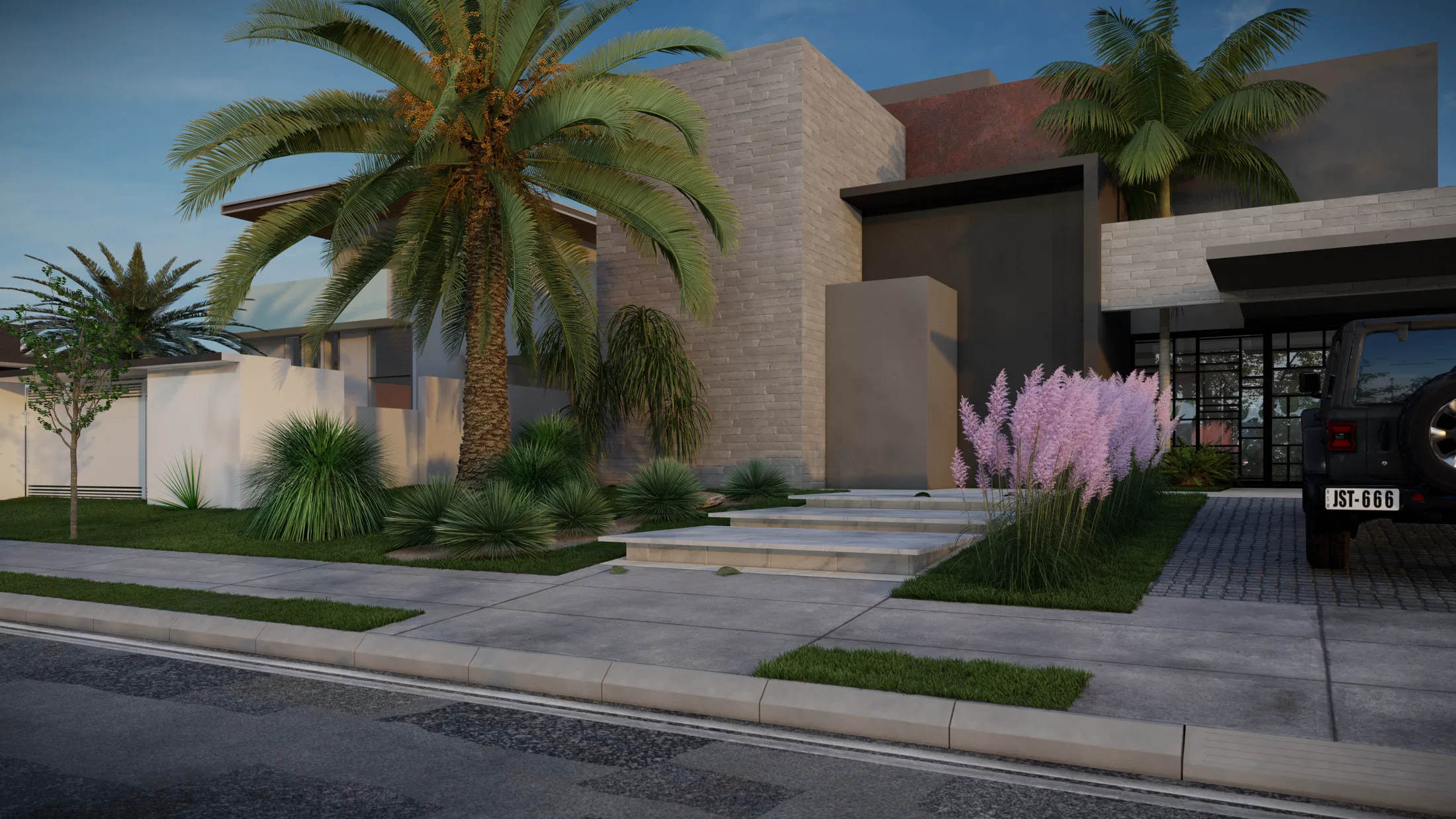 Closer view of the facade with a large palm tree, spiky yuccas and pink pampas grass framing the stepped stone entrance
