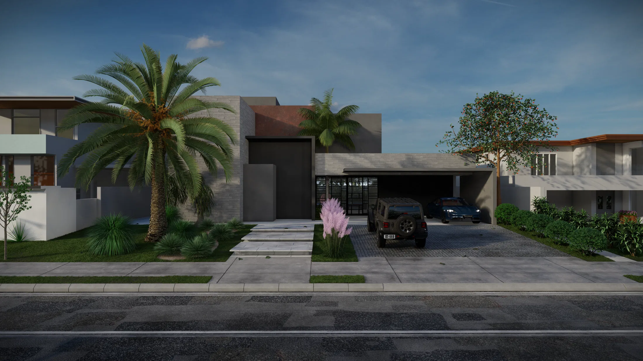 House facade at dusk with a tall solitary palm tree, clumps of pink pampas grass and vehicles parked under the covered carport