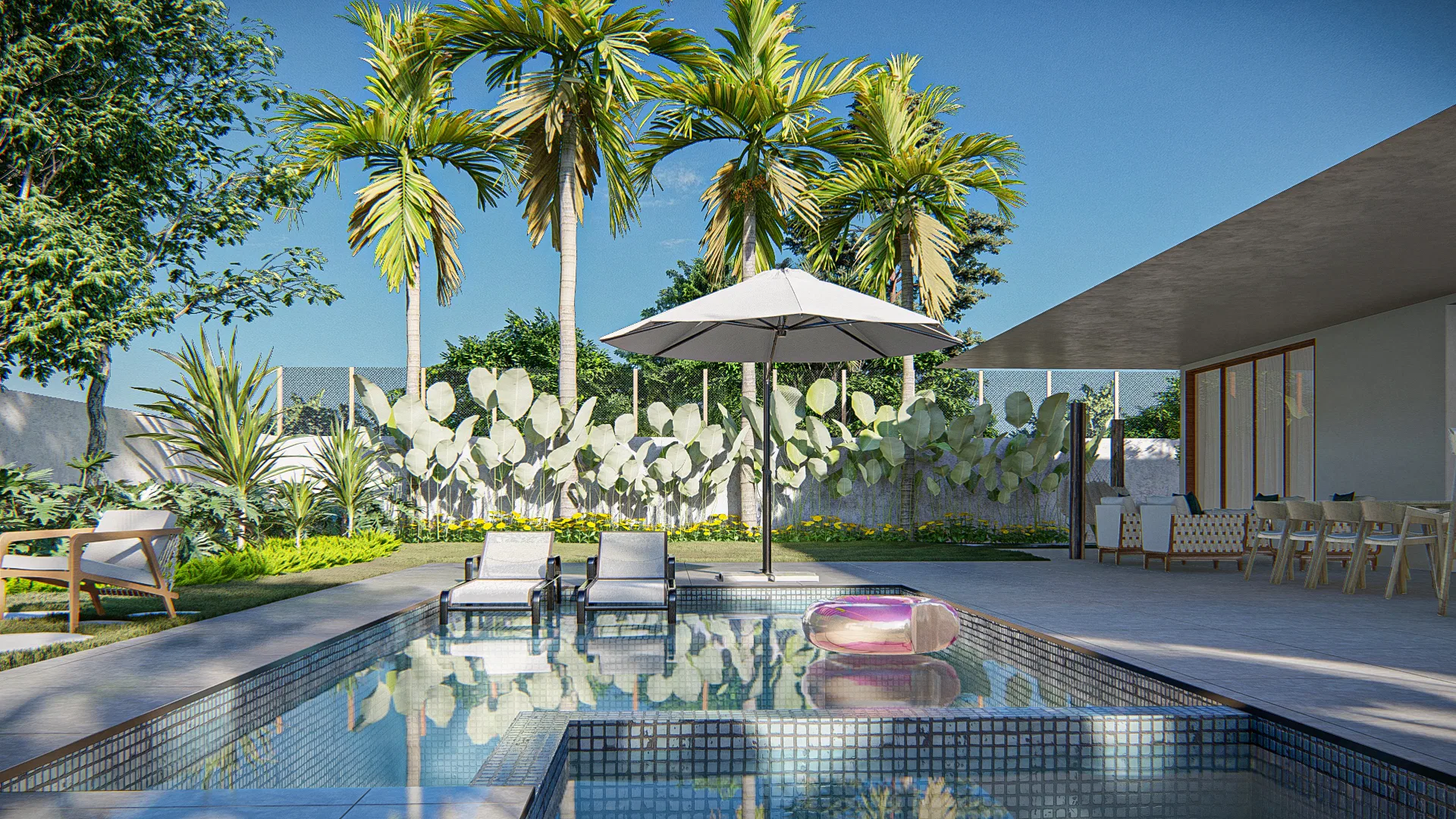 Architectural visualization of Residential Garden with Entrance Reflecting Pool and Bromeliad Beds — GRON 3D