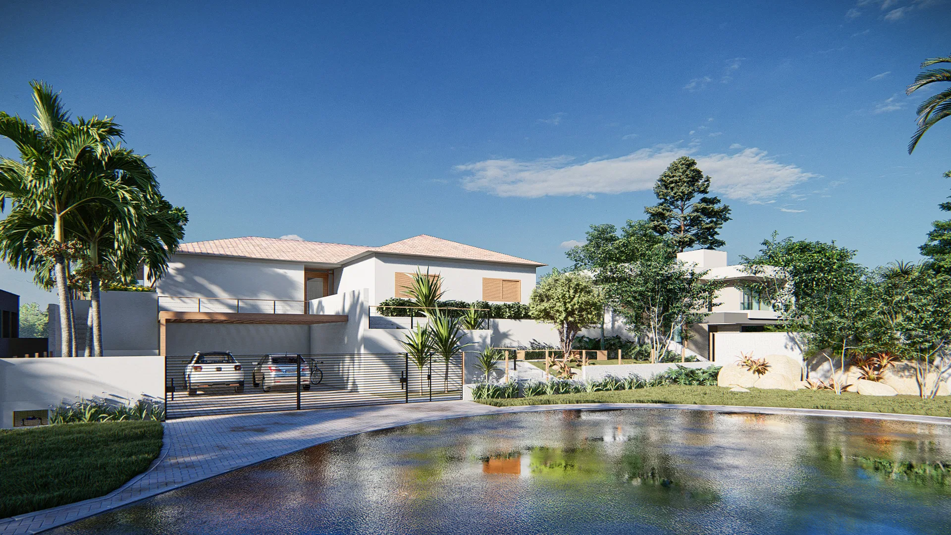 Architectural visualization of Residential Garden with Entrance Reflecting Pool and Bromeliad Beds — GRON 3D