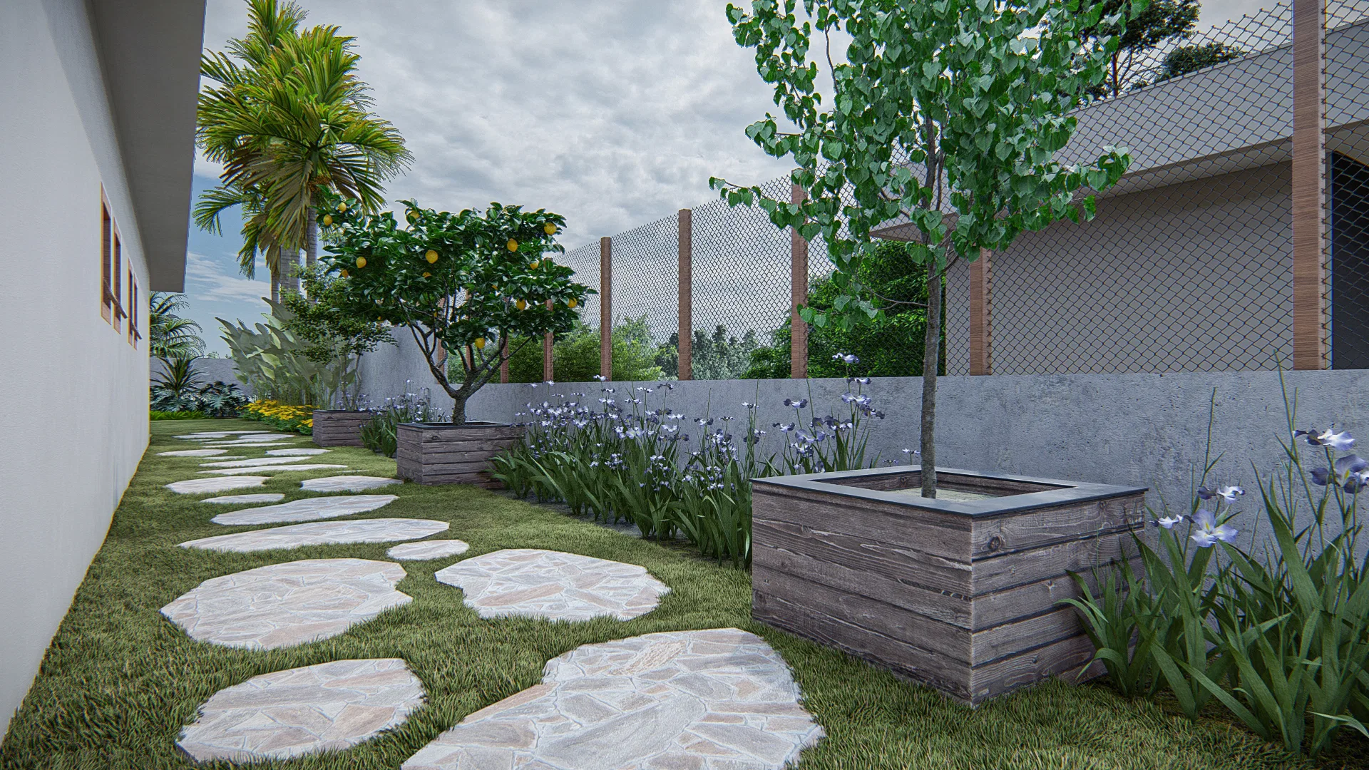 Architectural visualization of Residential Garden with Entrance Reflecting Pool and Bromeliad Beds — GRON 3D