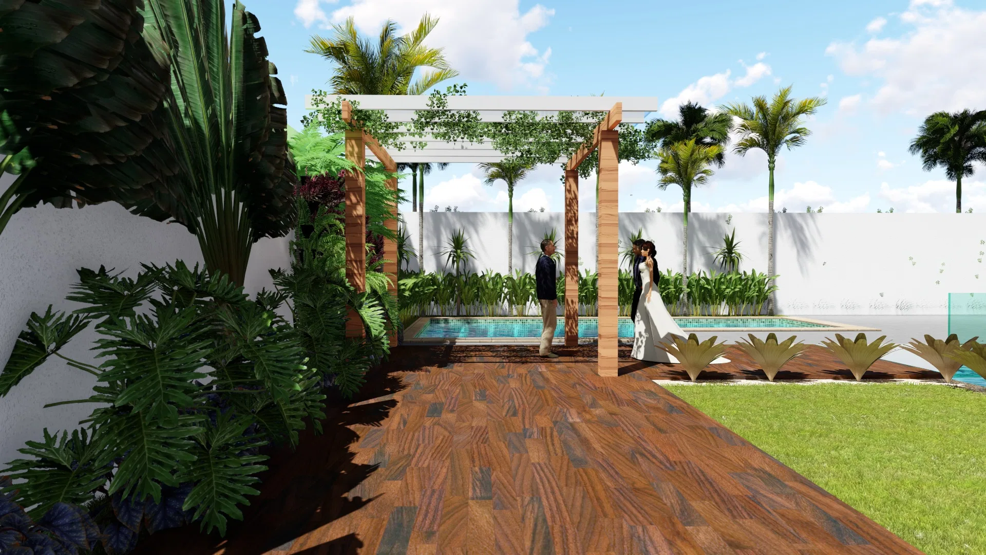 A wedding couple beneath a wooden pergola draped in greenery, on a wooden deck flanked by tropical foliage, with the pool behind