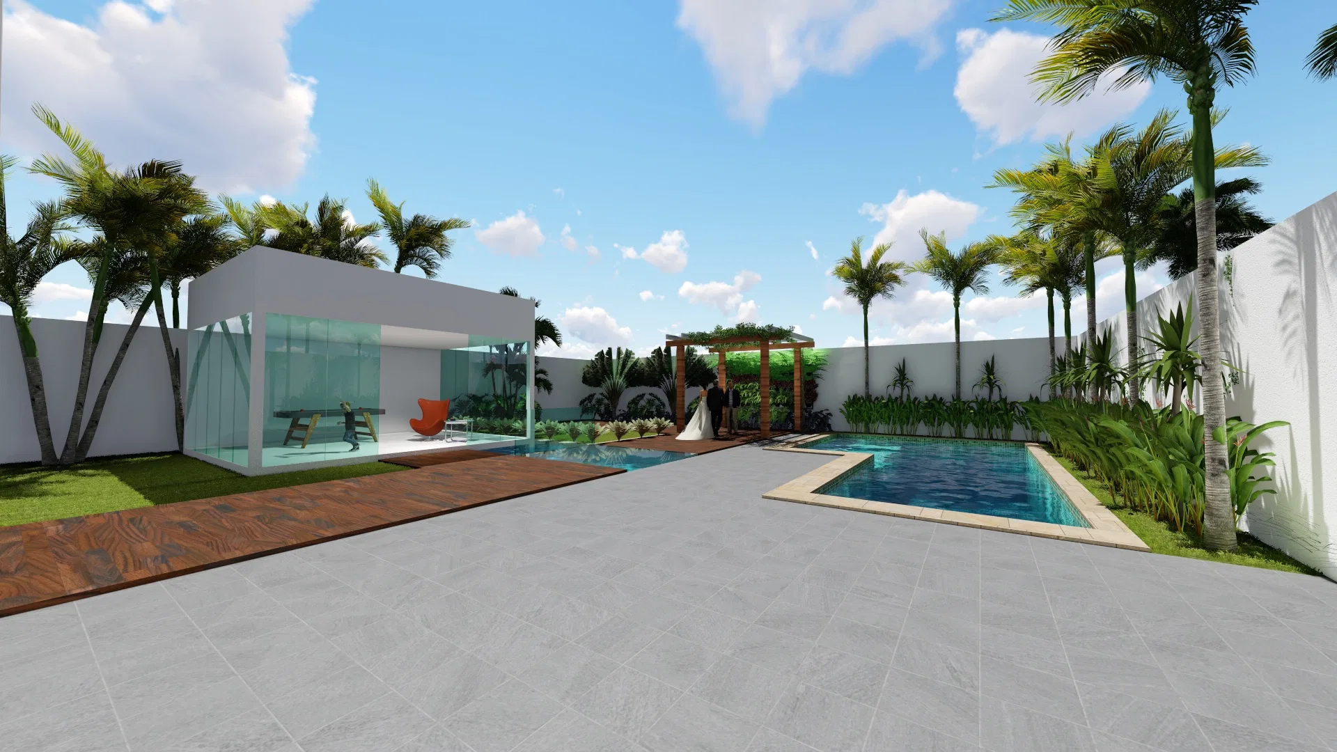 Large paved backyard with a glass pavilion, wooden deck, a green-wall pergola and an L-shaped pool, ringed by palms along the walls