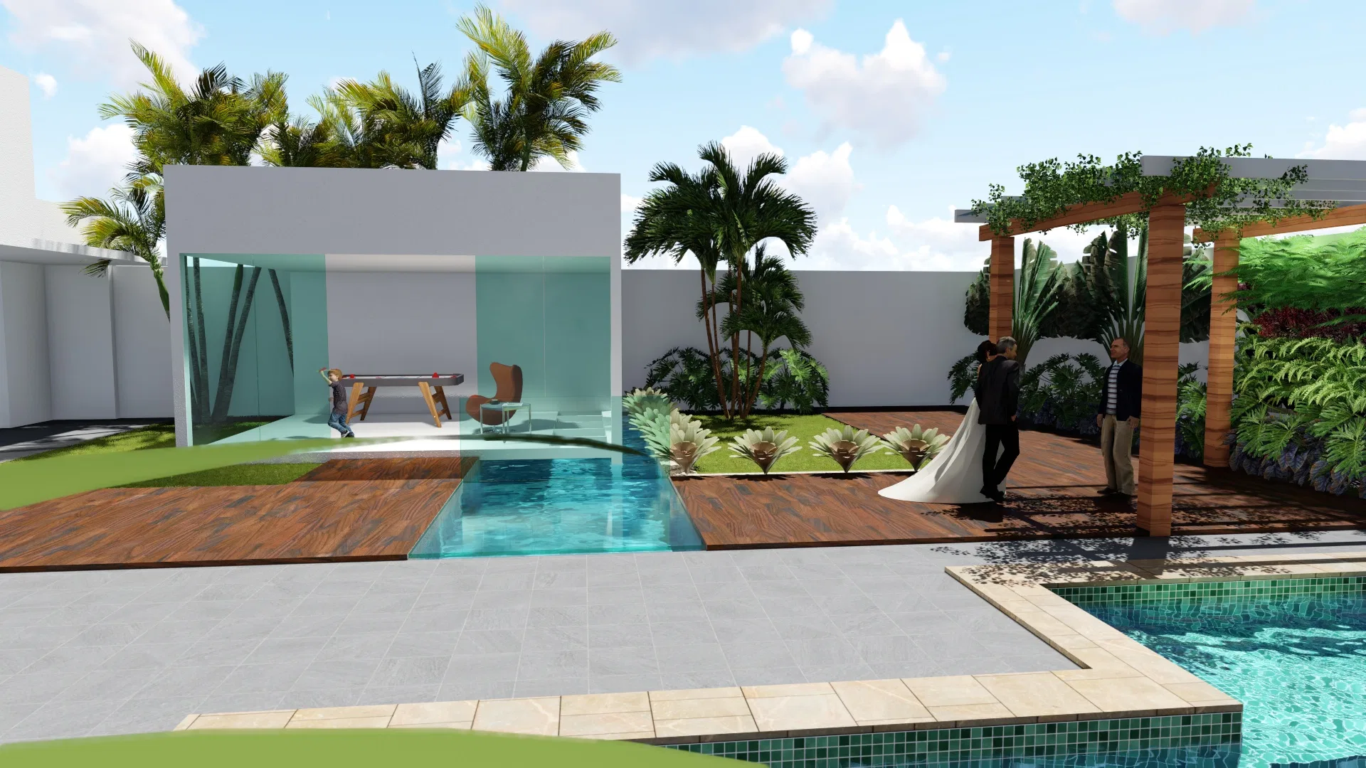 Glass pavilion with a foosball table and armchair, a decked pool and a green-wall pergola, with a couple walking between the areas