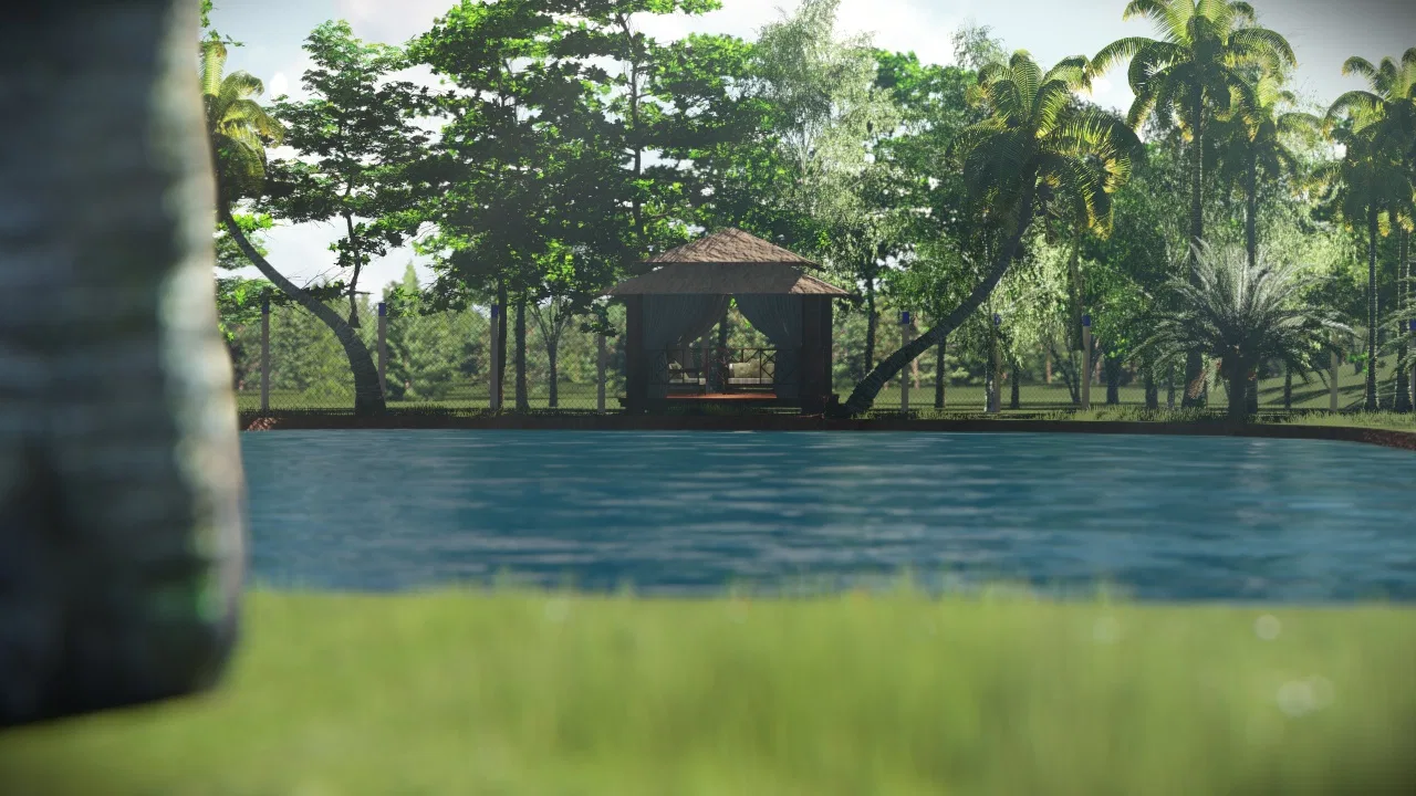 Lake with a covered gazebo among the trees, seen through a stone frame in the foreground