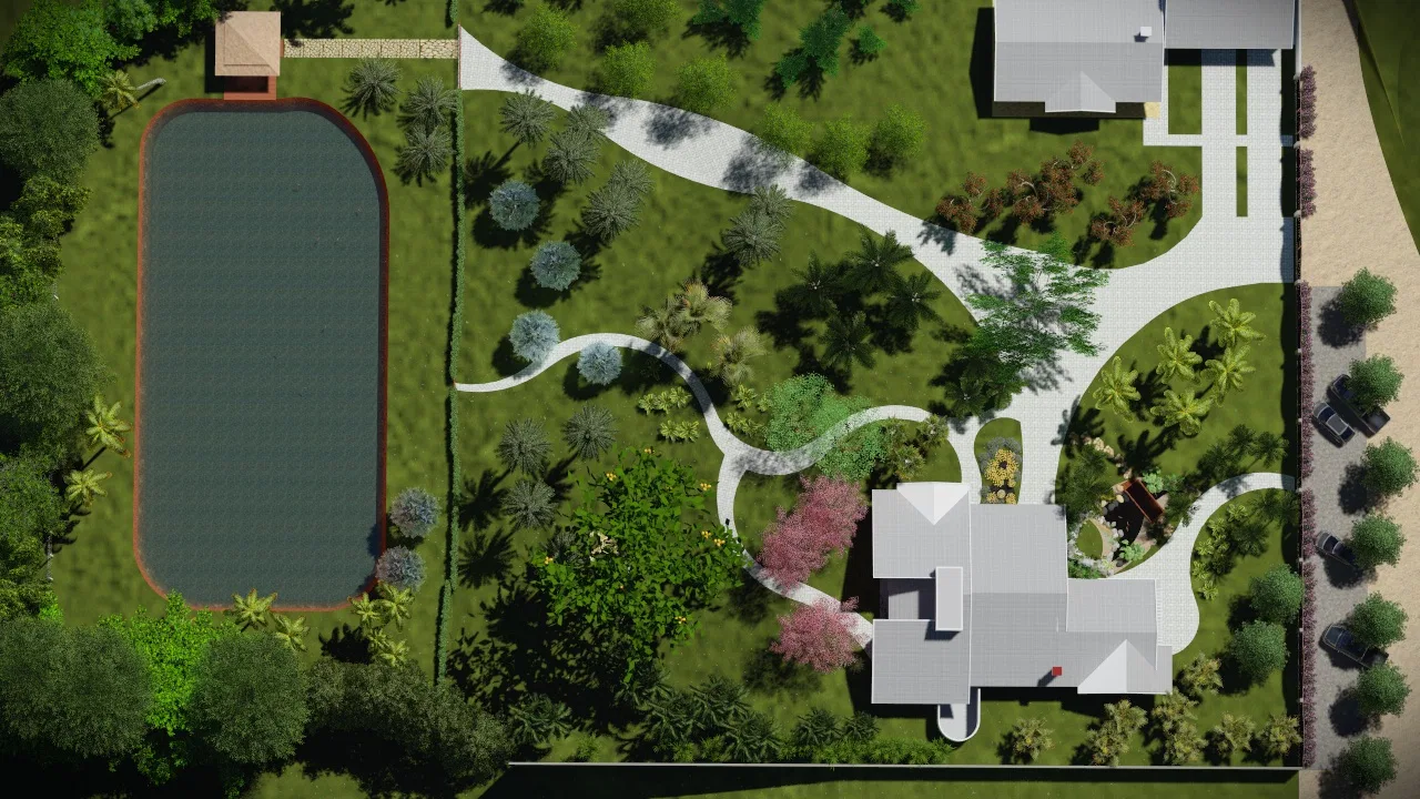 Aerial view of the site showing the pool, houses and the full layout of the landscape design