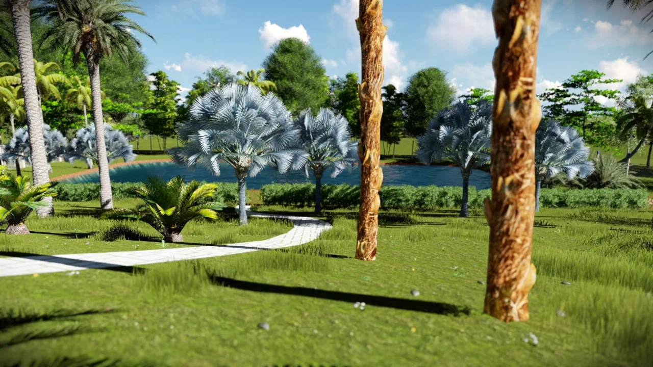 Artificial lake with blue-toned palms and a light-paved winding path through the planting