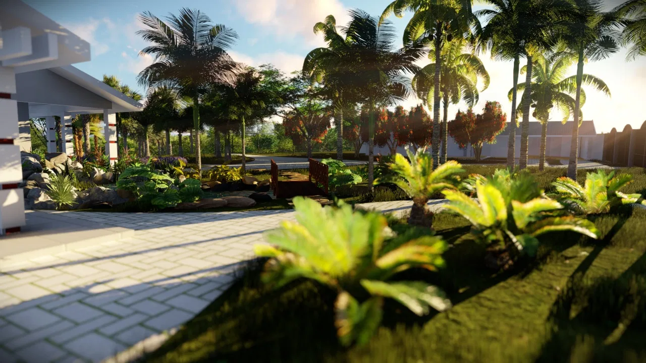 Portuguese-stone path lined with cycads and tropical planting beside one of the residences' porch area
