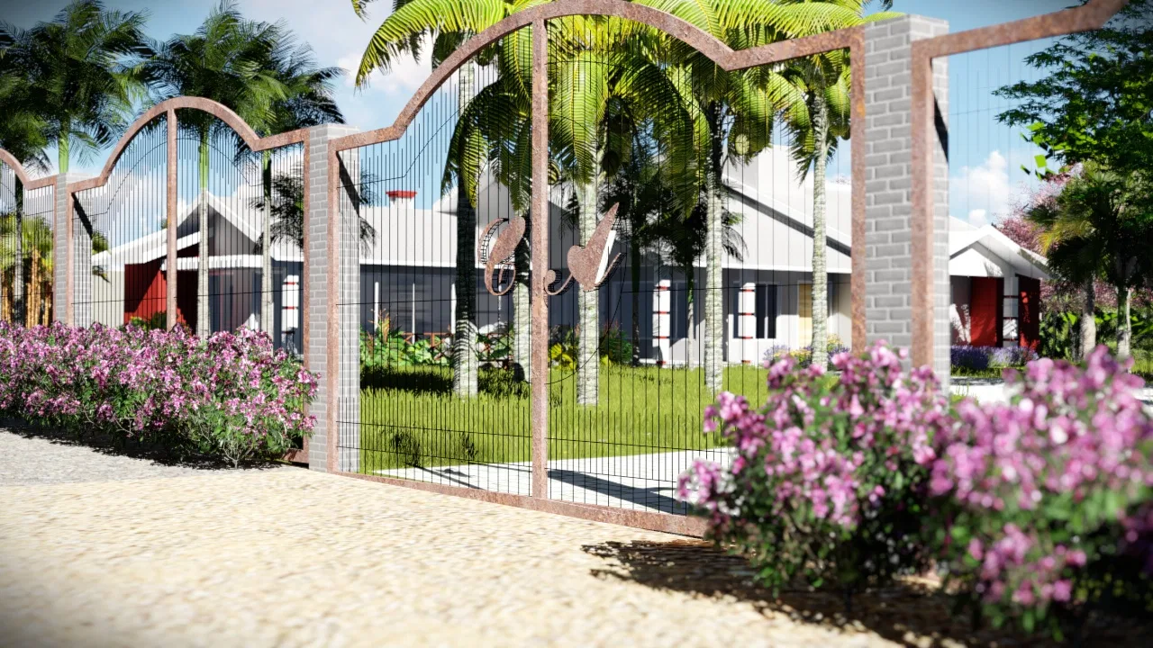 Decorative rusted-iron gate framed by palms and bougainvillea, with the house facades visible in the background